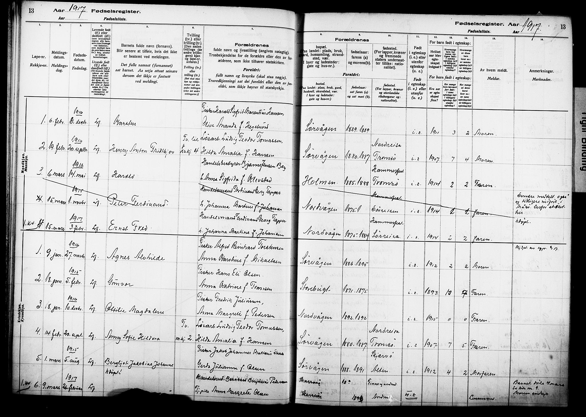 Kjelvik/Nordkapp sokneprestkontor, AV/SATØ-S-1350/I/Ia/L0015: Birth register no. 15, 1916-1930, p. 13
