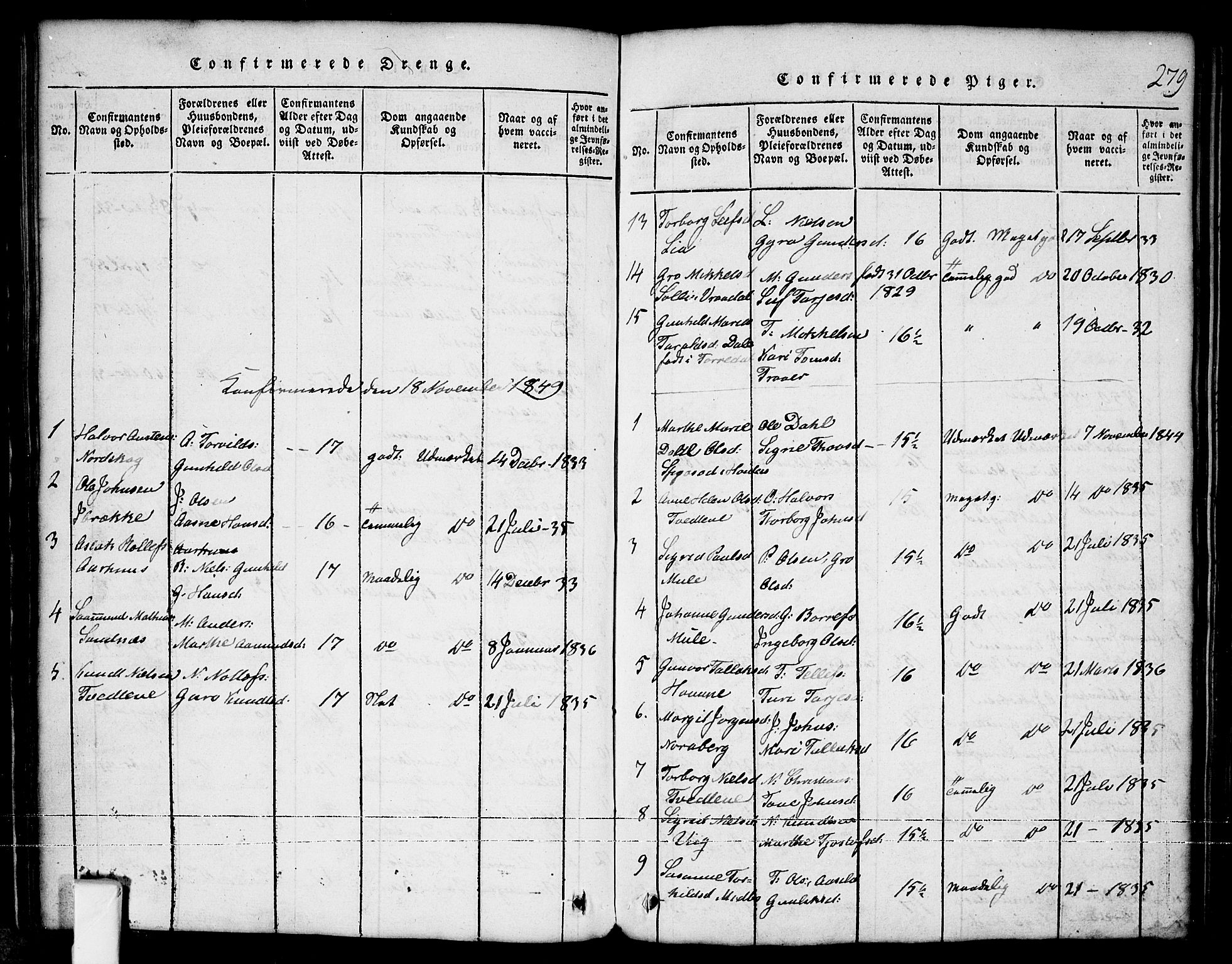 Nissedal kirkebøker, SAKO/A-288/G/Ga/L0001: Parish register (copy) no. I 1, 1814-1860, p. 279