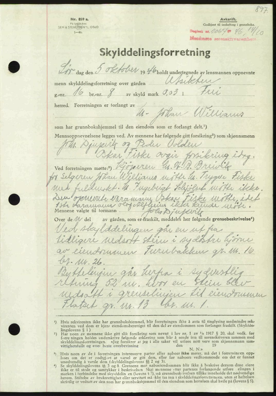 Nordmøre sorenskriveri, AV/SAT-A-4132/1/2/2Ca: Mortgage book no. A102, 1946-1946, Diary no: : 2067/1946