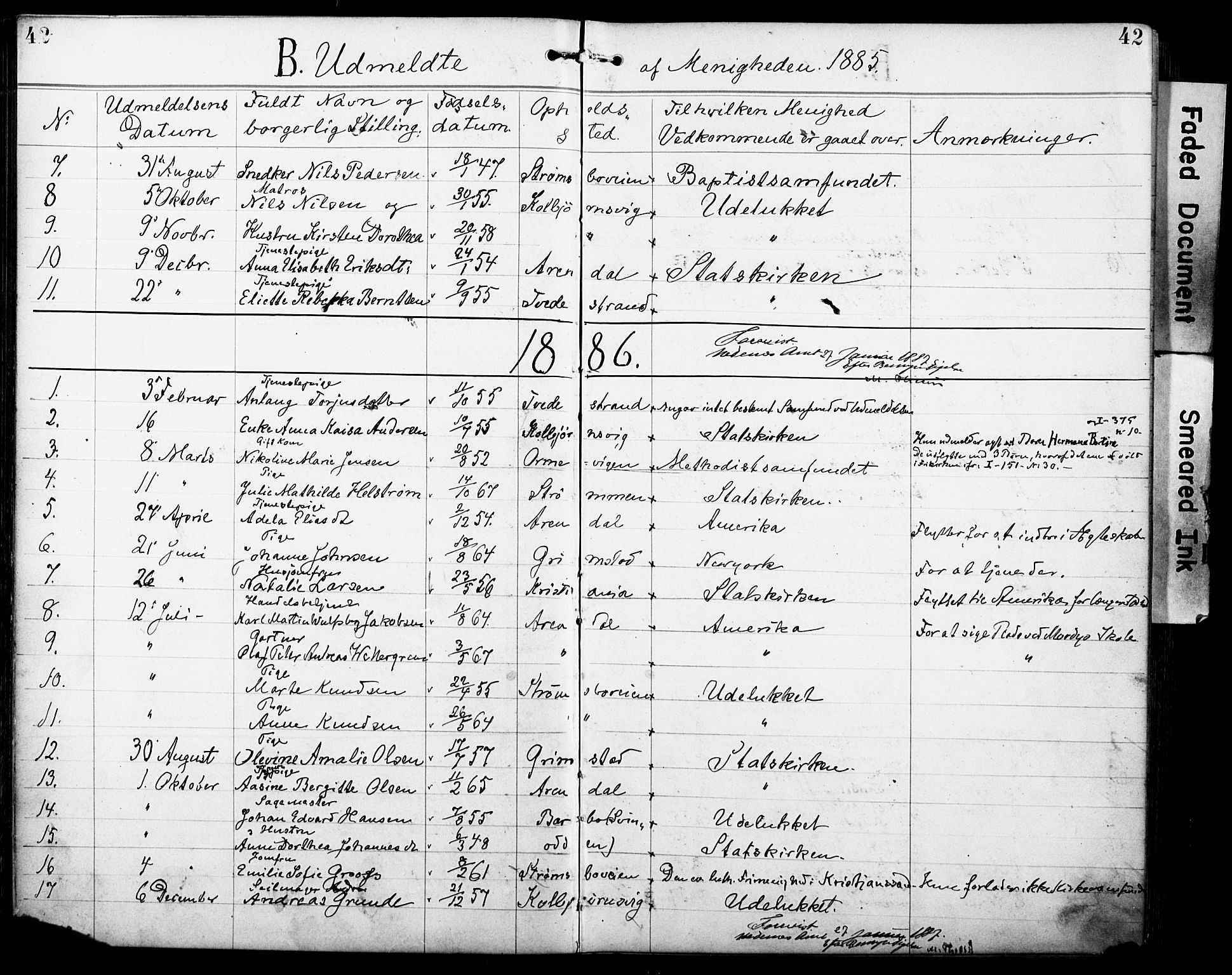 Den evangelisk-lutherske frimenighet, Arendal, AV/SAK-1292-0005/F/Fa/L0002: Dissenter register no. F 6, 1884-1908, p. 42