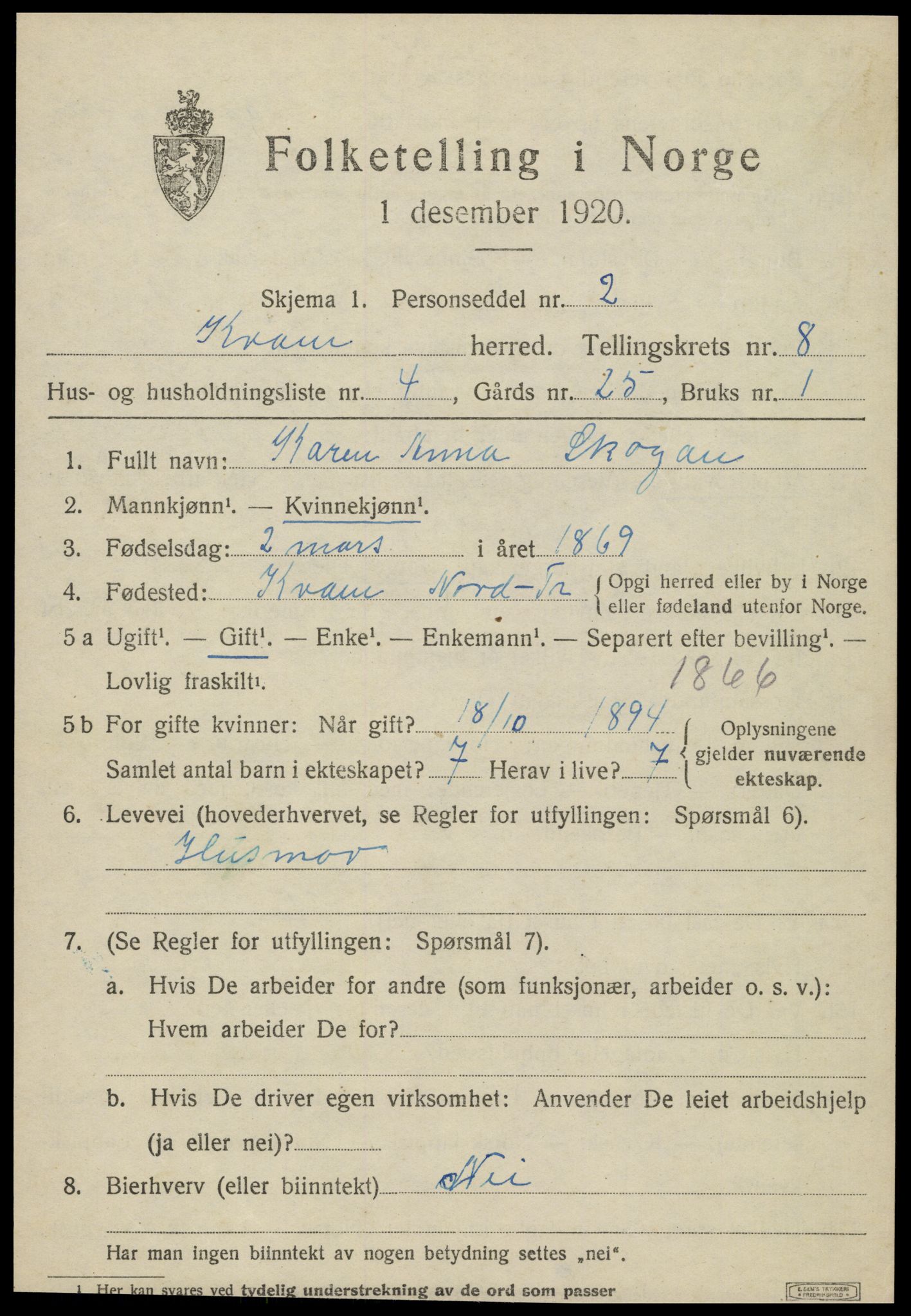 SAT, 1920 census for Kvam, 1920, p. 2025