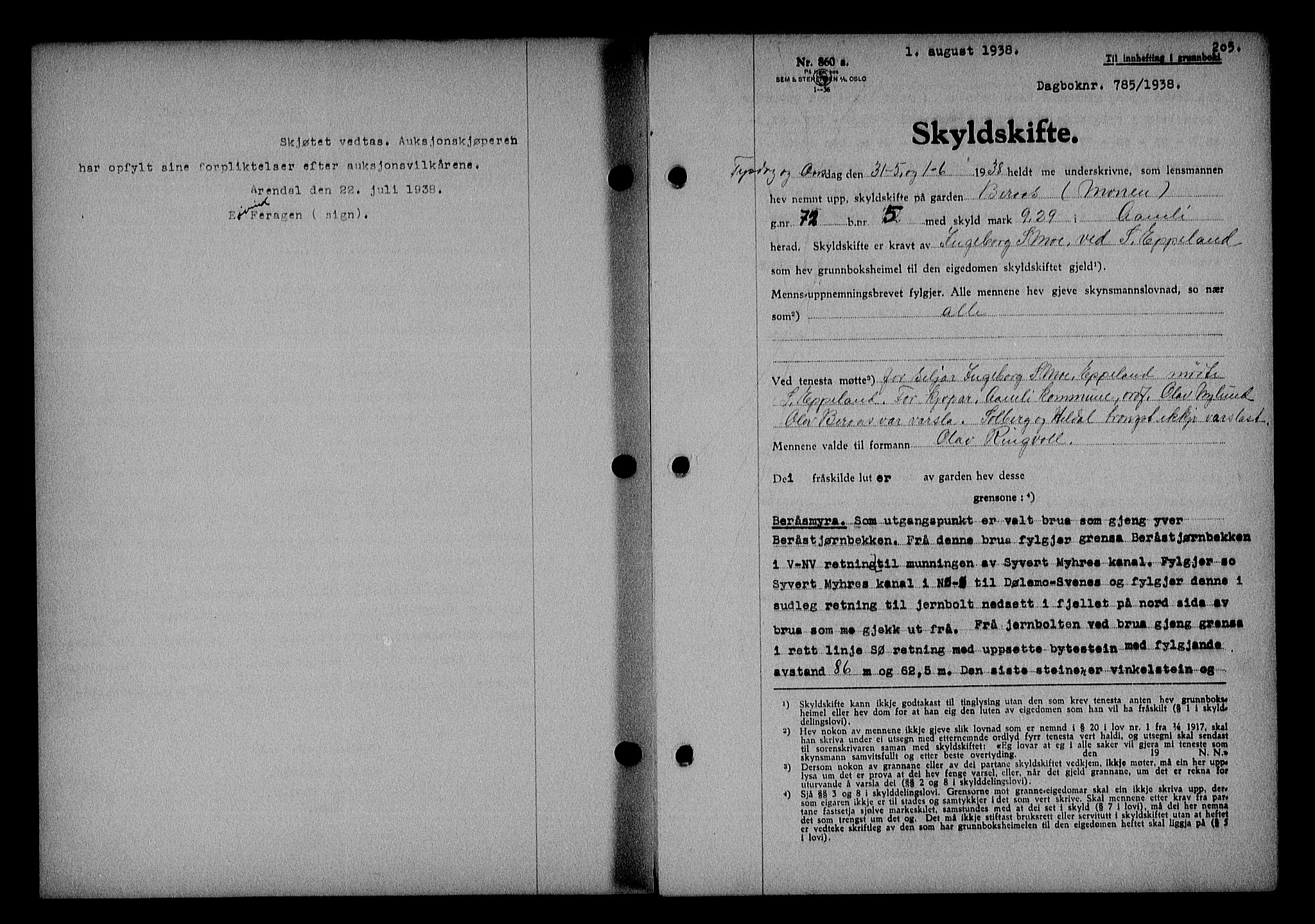 Nedenes sorenskriveri, SAK/1221-0006/G/Gb/Gba/L0045: Mortgage book no. 41, 1938-1938, Diary no: : 785/1938