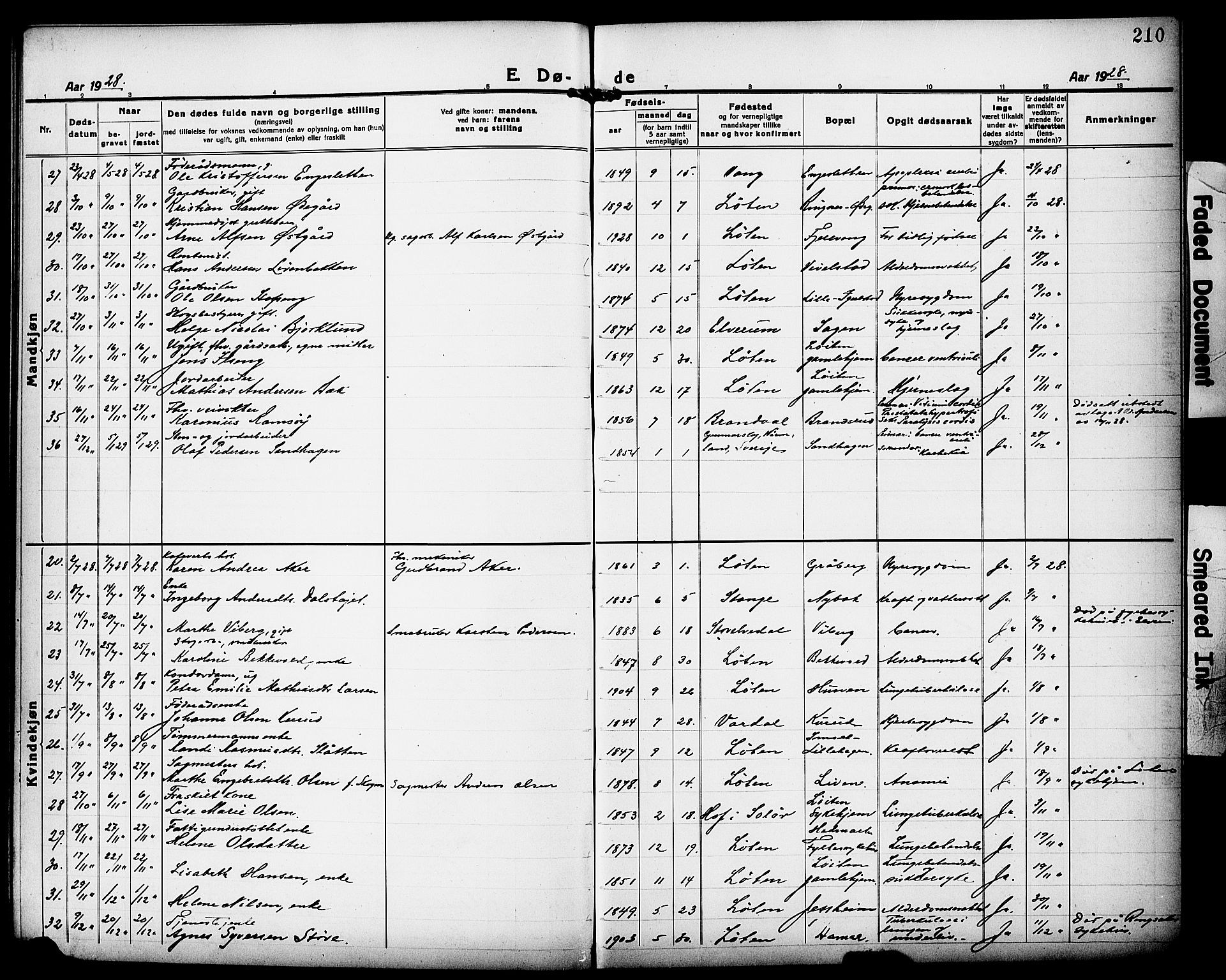 Løten prestekontor, AV/SAH-PREST-022/L/La/L0008: Parish register (copy) no. 8, 1920-1929, p. 210