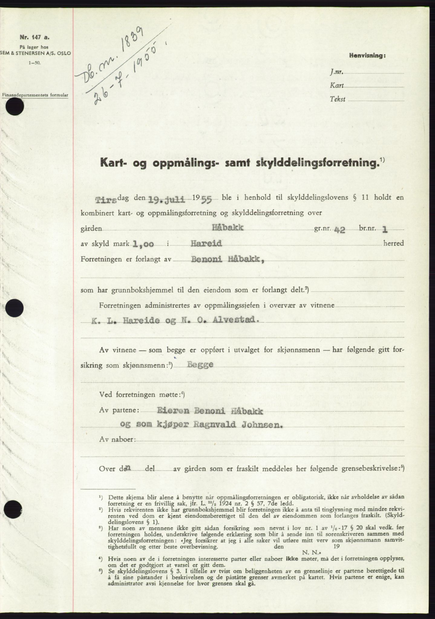 Søre Sunnmøre sorenskriveri, AV/SAT-A-4122/1/2/2C/L0101: Mortgage book no. 27A, 1955-1955, Diary no: : 1839/1955