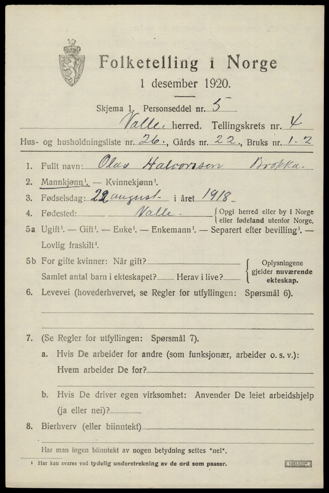 SAK, 1920 census for Valle, 1920, p. 2271