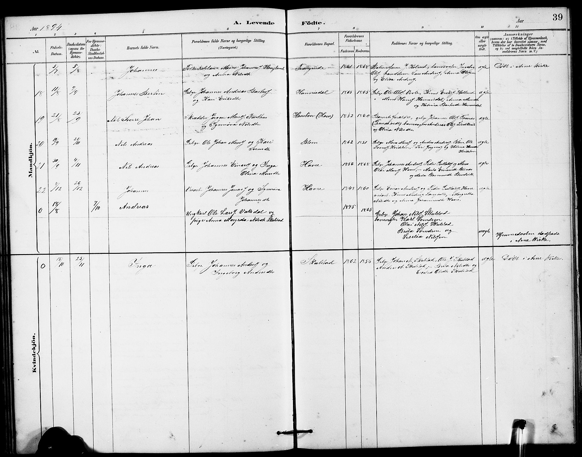 Haus sokneprestembete, SAB/A-75601/H/Hab: Parish register (copy) no. B 3, 1885-1899, p. 39