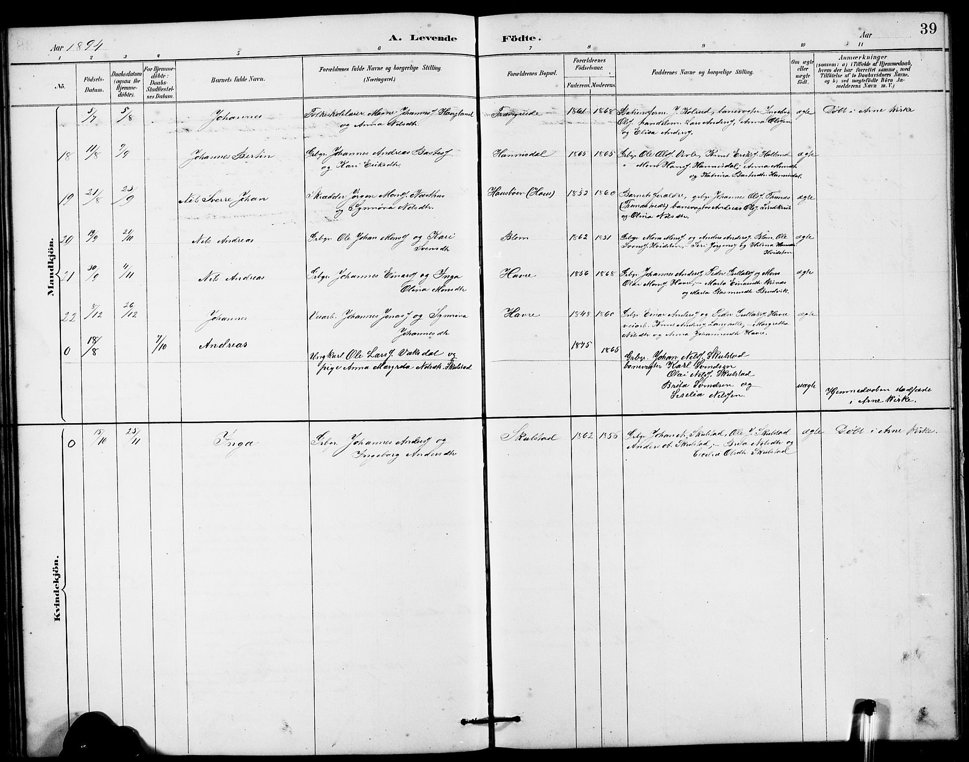 Haus sokneprestembete, AV/SAB-A-75601/H/Hab: Parish register (copy) no. B 3, 1885-1899, p. 39