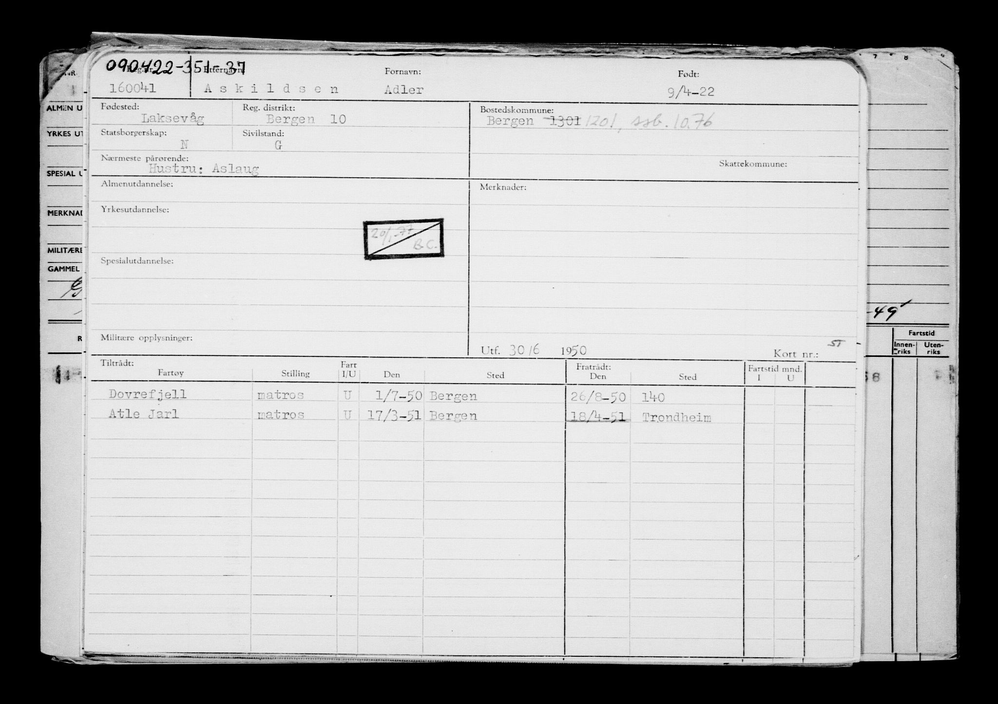 Direktoratet for sjømenn, AV/RA-S-3545/G/Gb/L0205: Hovedkort, 1922, p. 209