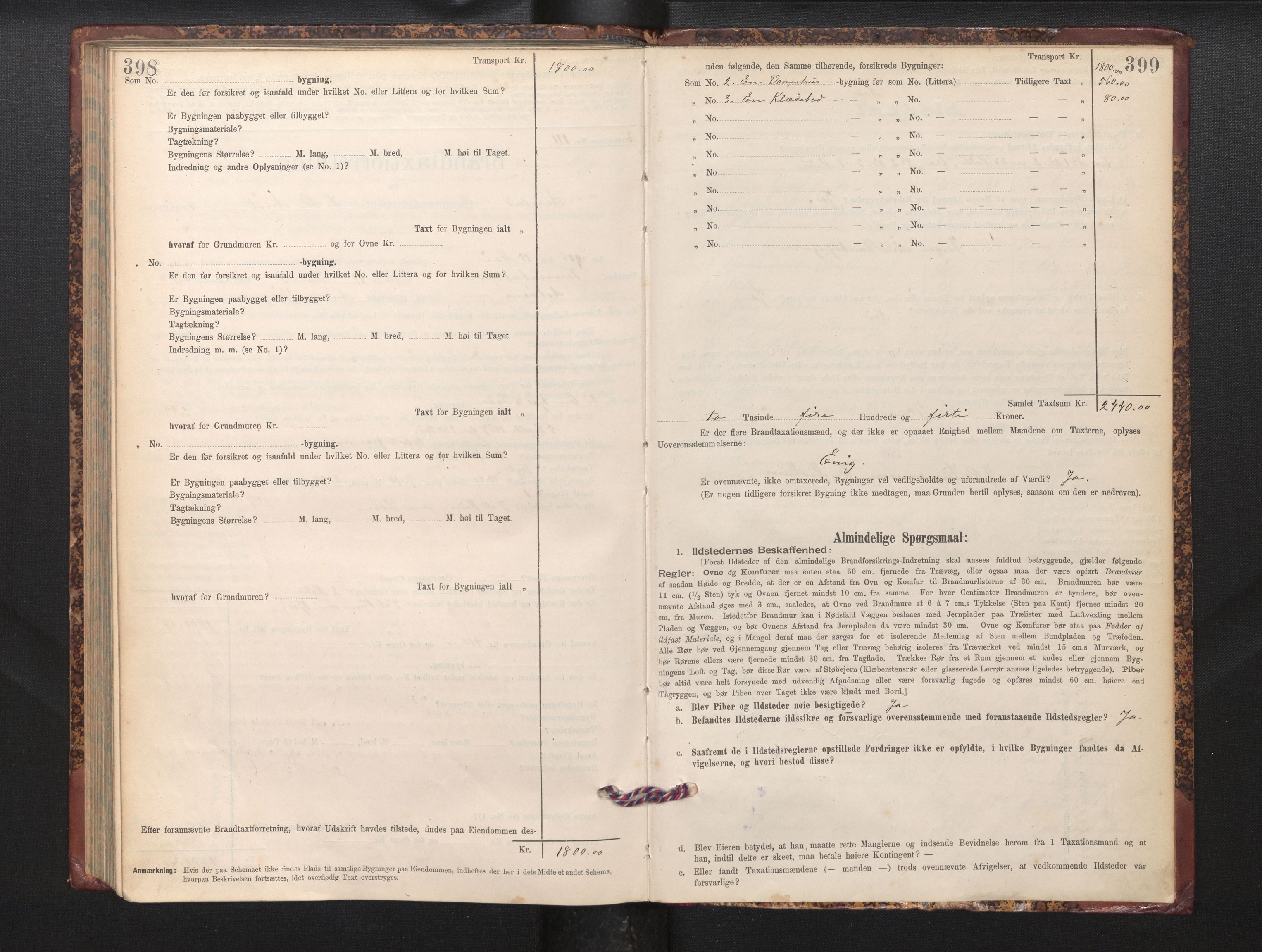 Lensmannen i Årstad, AV/SAB-A-36201/0012/L0012: Branntakstprotokoll,skjematakst, 1898-1906, p. 398-399