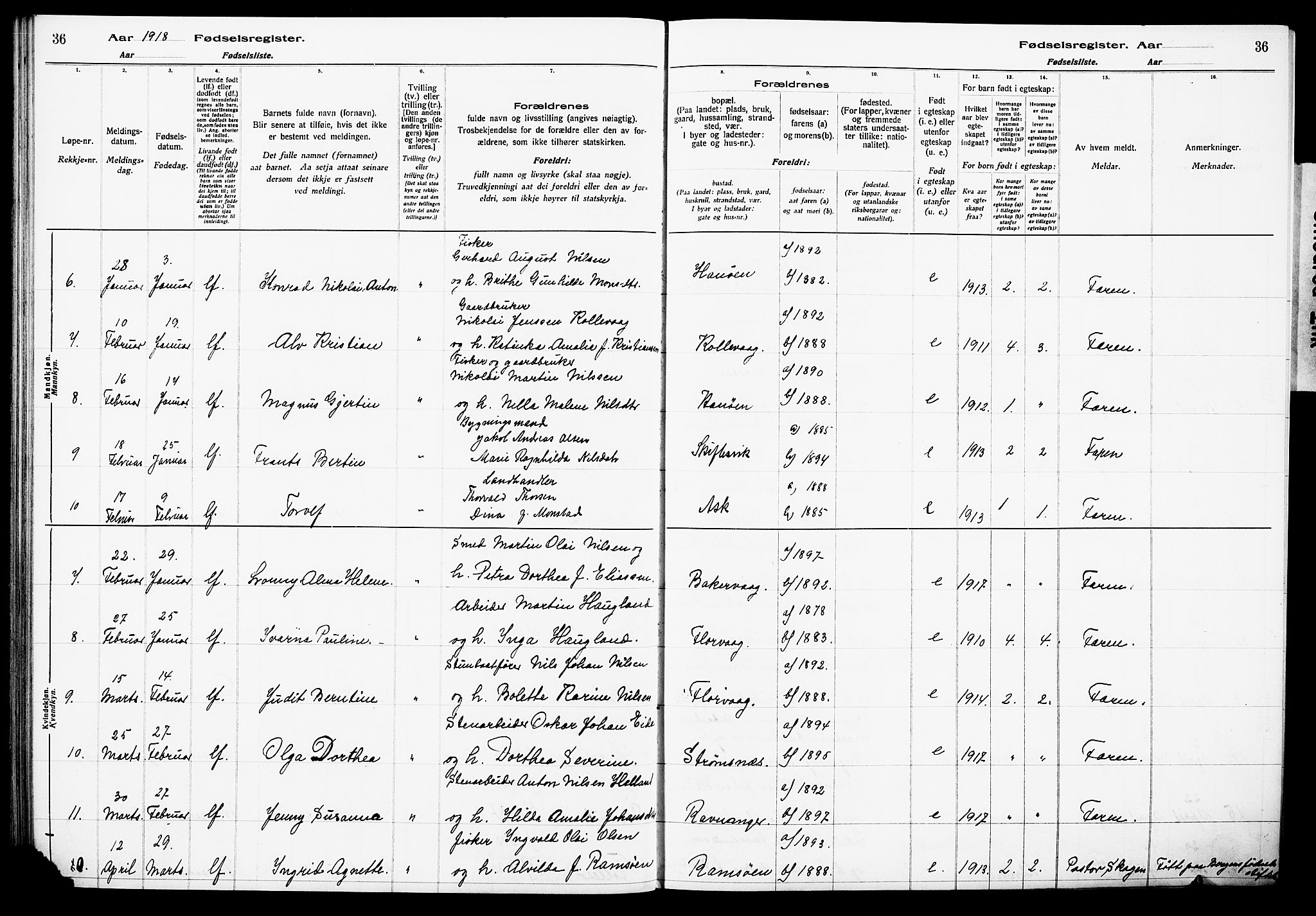 Askøy Sokneprestembete, AV/SAB-A-74101/I/Id/L00A1: Birth register no. A 1, 1916-1928, p. 36