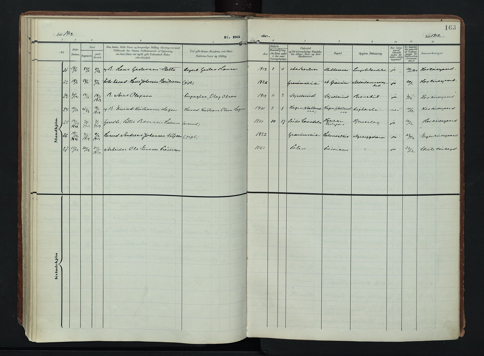Søndre Land prestekontor, AV/SAH-PREST-122/K/L0007: Parish register (official) no. 7, 1905-1914, p. 163