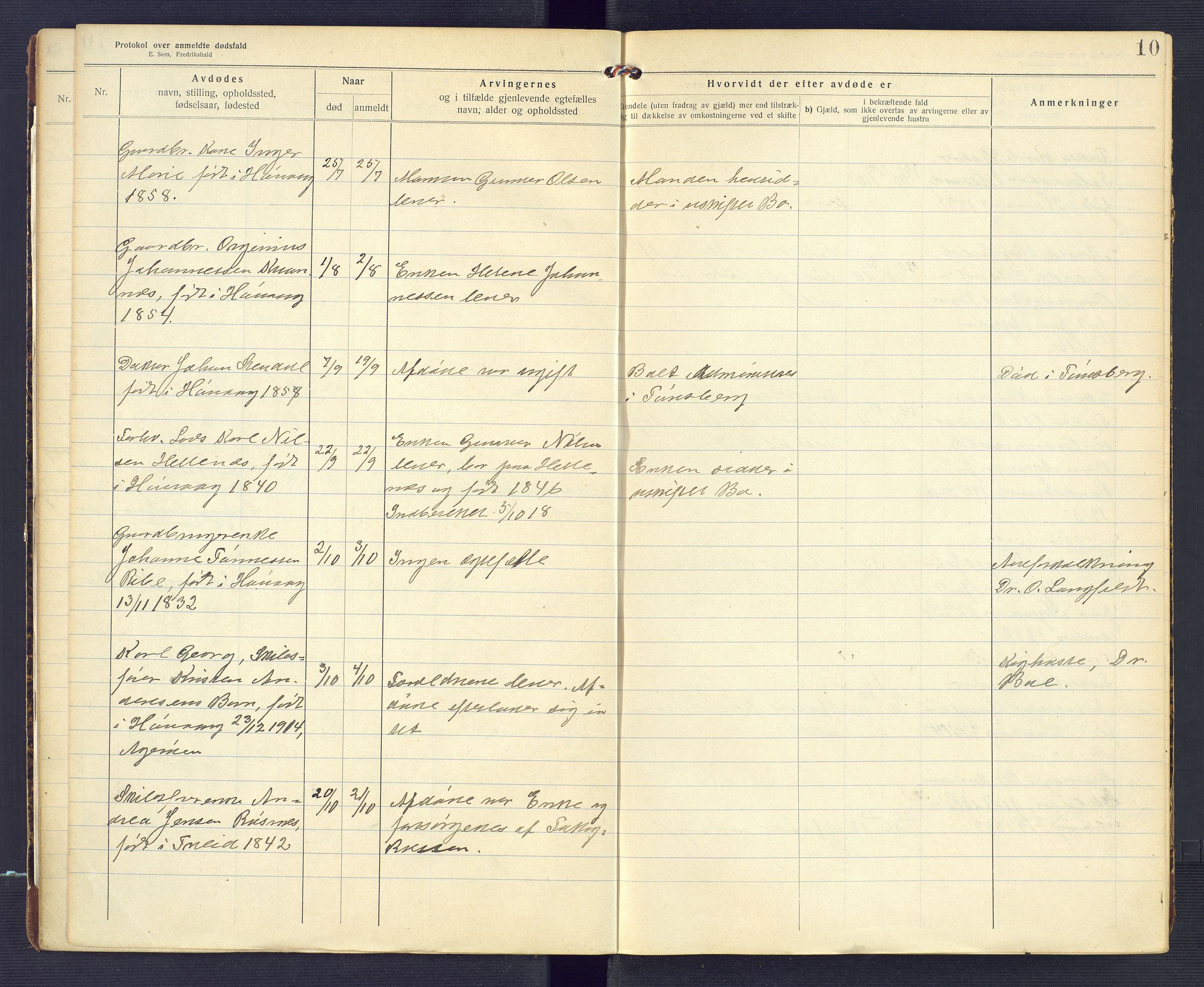 Høvåg lensmannskontor, SAK/1241-0024/F/Fe/L0041: Protokoll over anmeldte dødsfall, 1916-1933, p. 10
