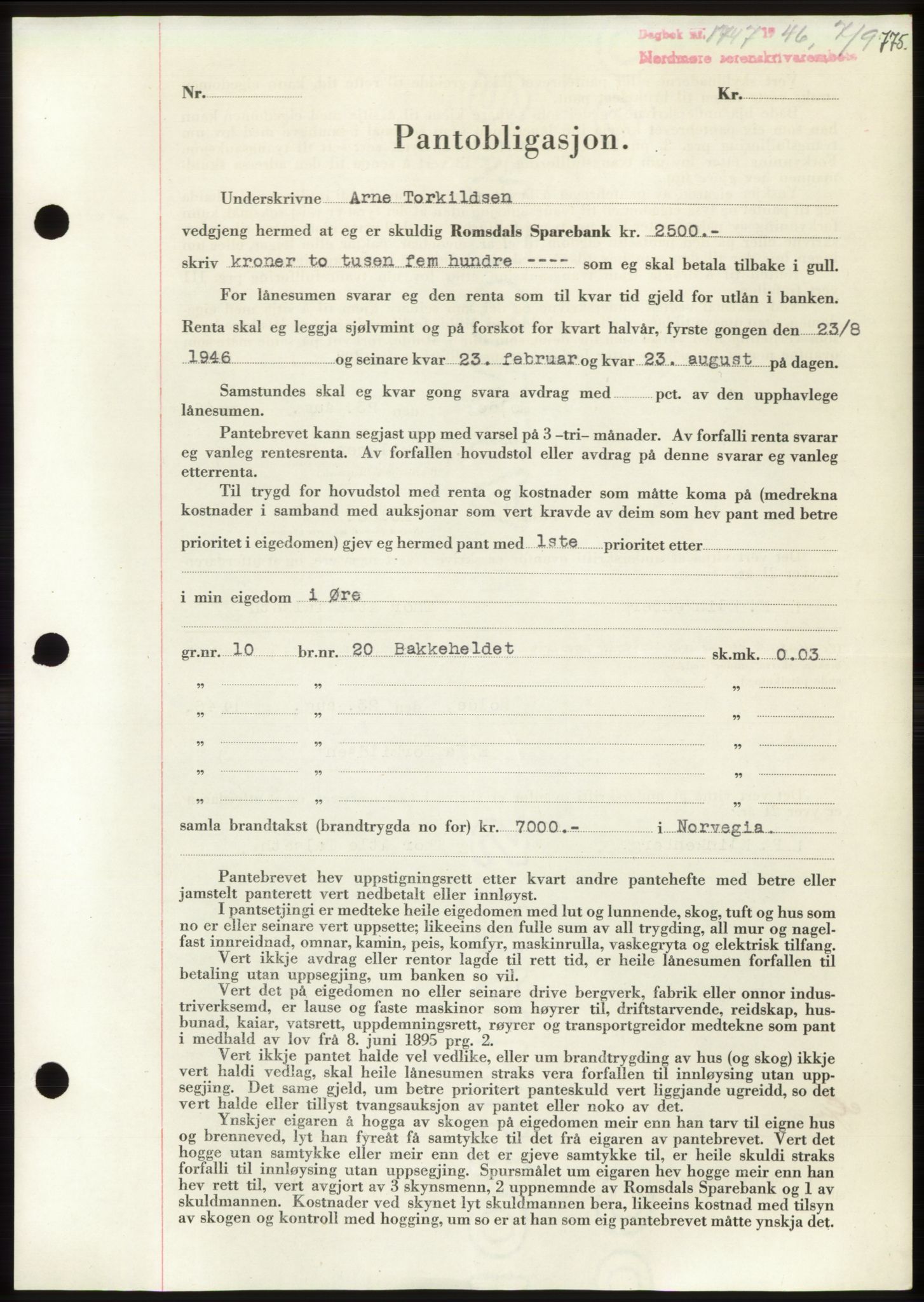 Nordmøre sorenskriveri, AV/SAT-A-4132/1/2/2Ca: Mortgage book no. B94, 1946-1946, Diary no: : 1747/1946