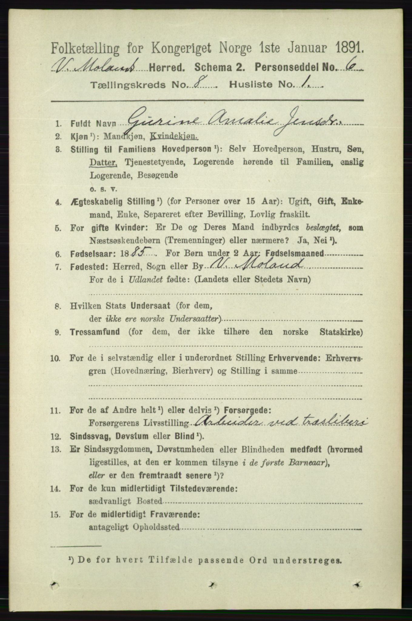 RA, 1891 census for 0926 Vestre Moland, 1891, p. 3003