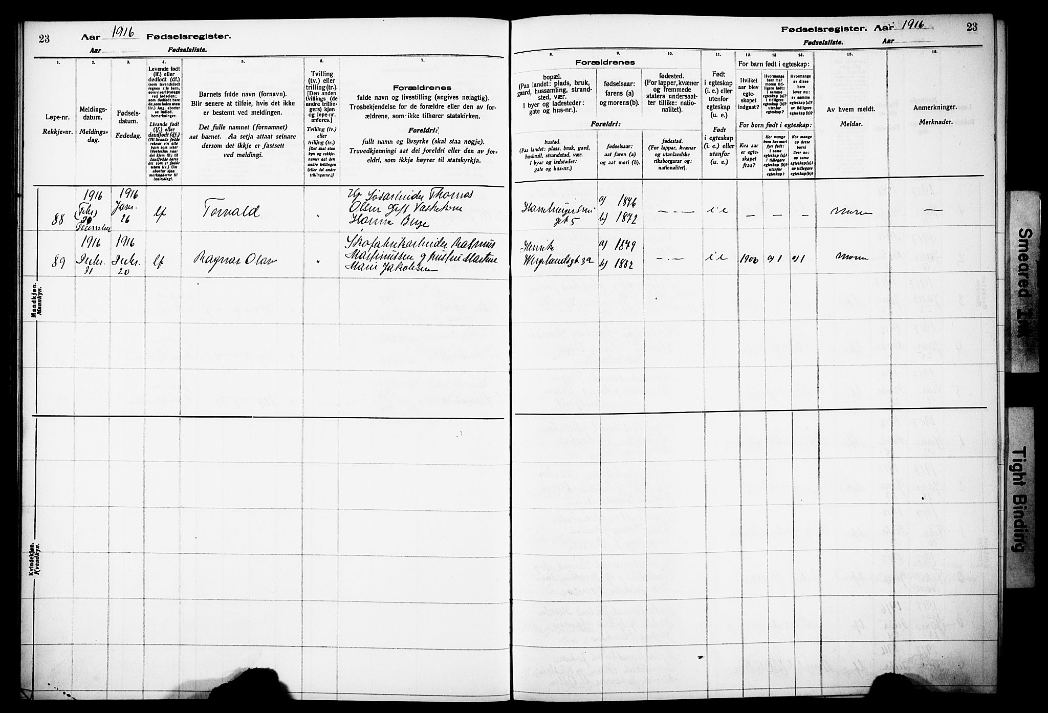 Korskirken sokneprestembete, AV/SAB-A-76101/I/Id/L00A1: Birth register no. A 1, 1916-1929, p. 23