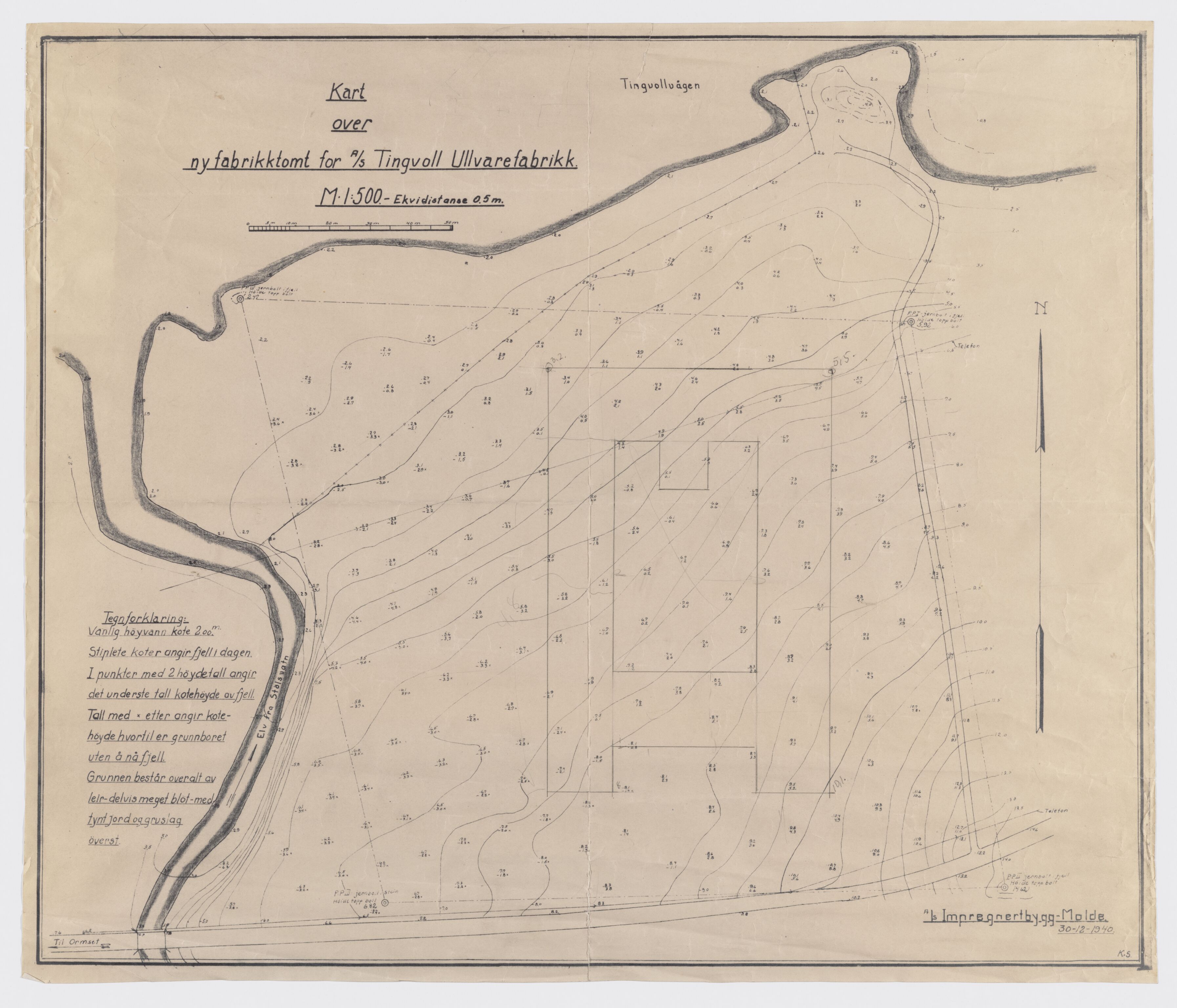 Tingvoll Ullvarefabrikk, IKAM/P-00482/T/Ta/L0017: Kart over ny fabrikktomt for TU, 1940