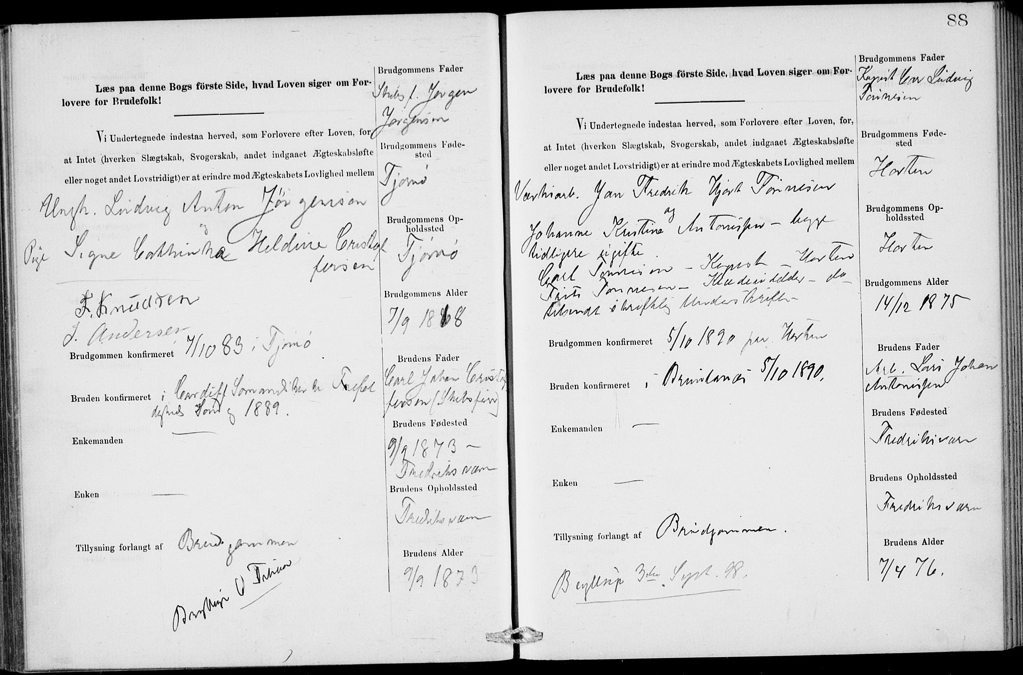 Stavern kirkebøker, SAKO/A-318/H/Ha/L0001: Banns register no. 1, 1875-1918, p. 88
