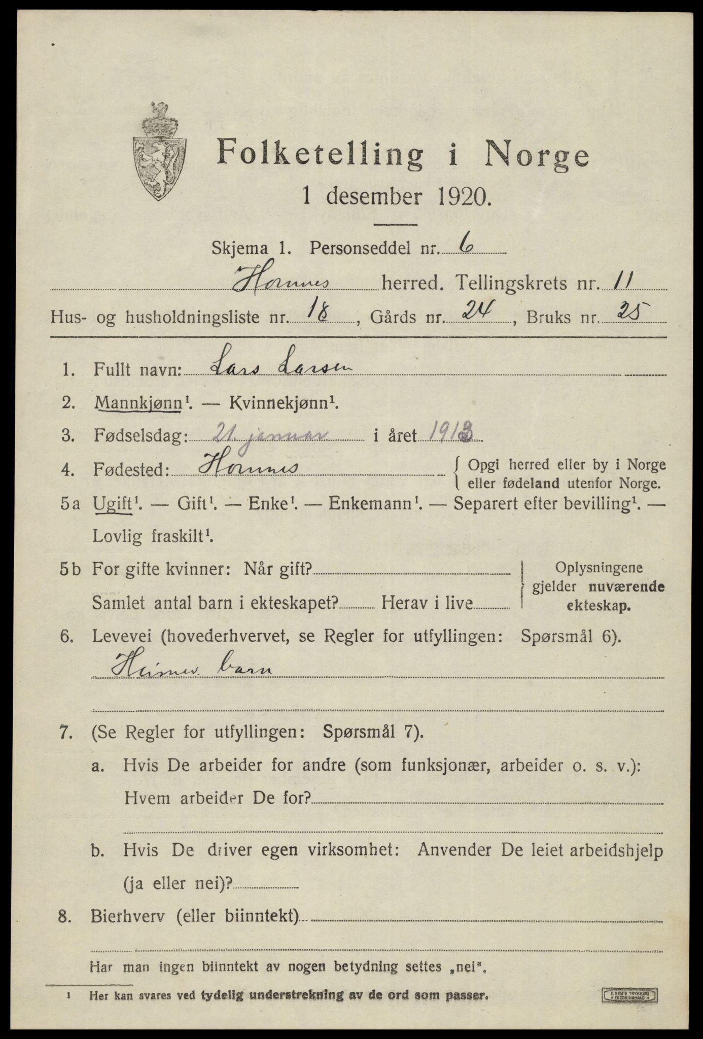 SAK, 1920 census for Hornnes, 1920, p. 2855