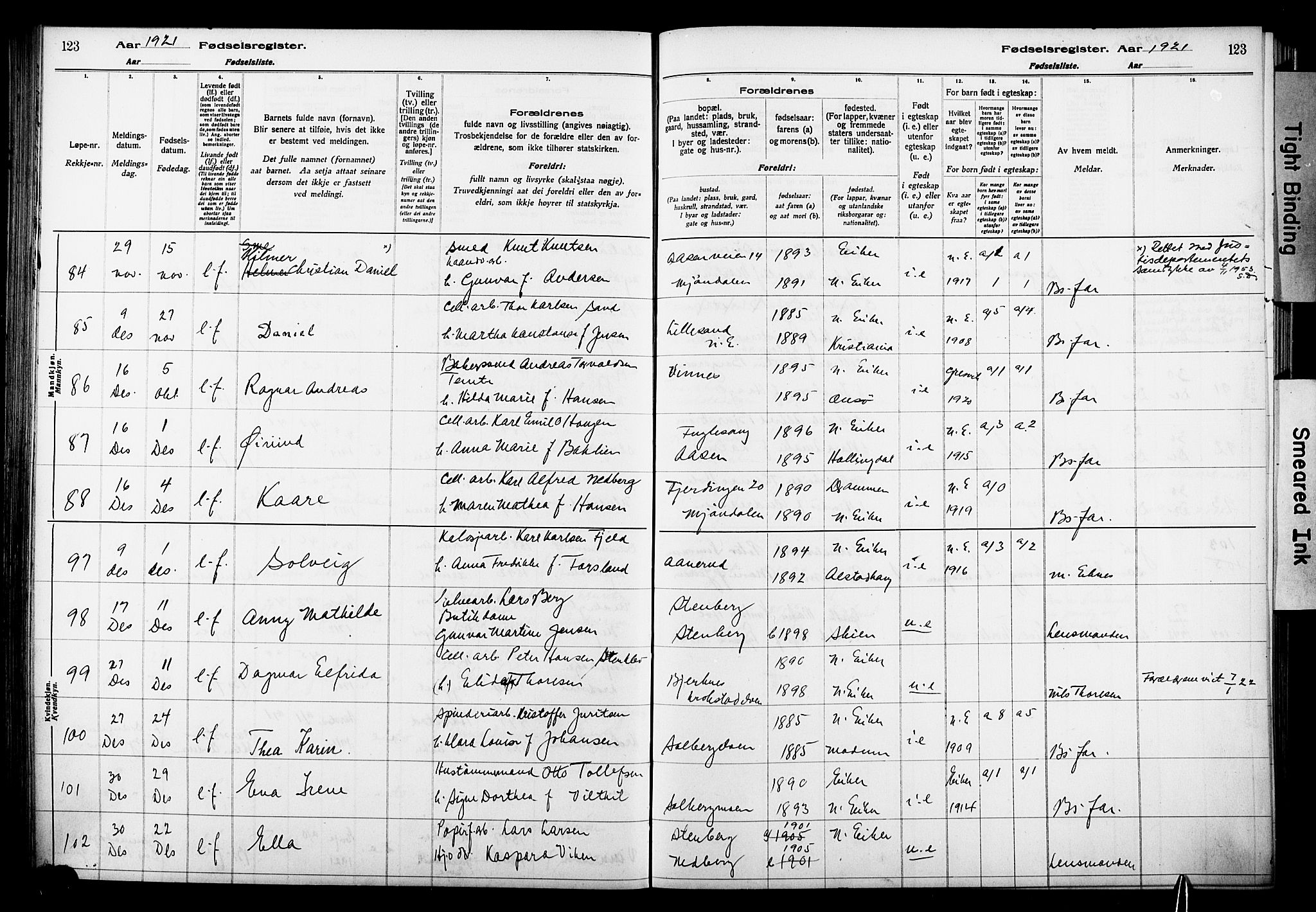 Nedre Eiker kirkebøker, AV/SAKO-A-612/J/Ja/L0001: Birth register no. 1, 1916-1925, p. 123