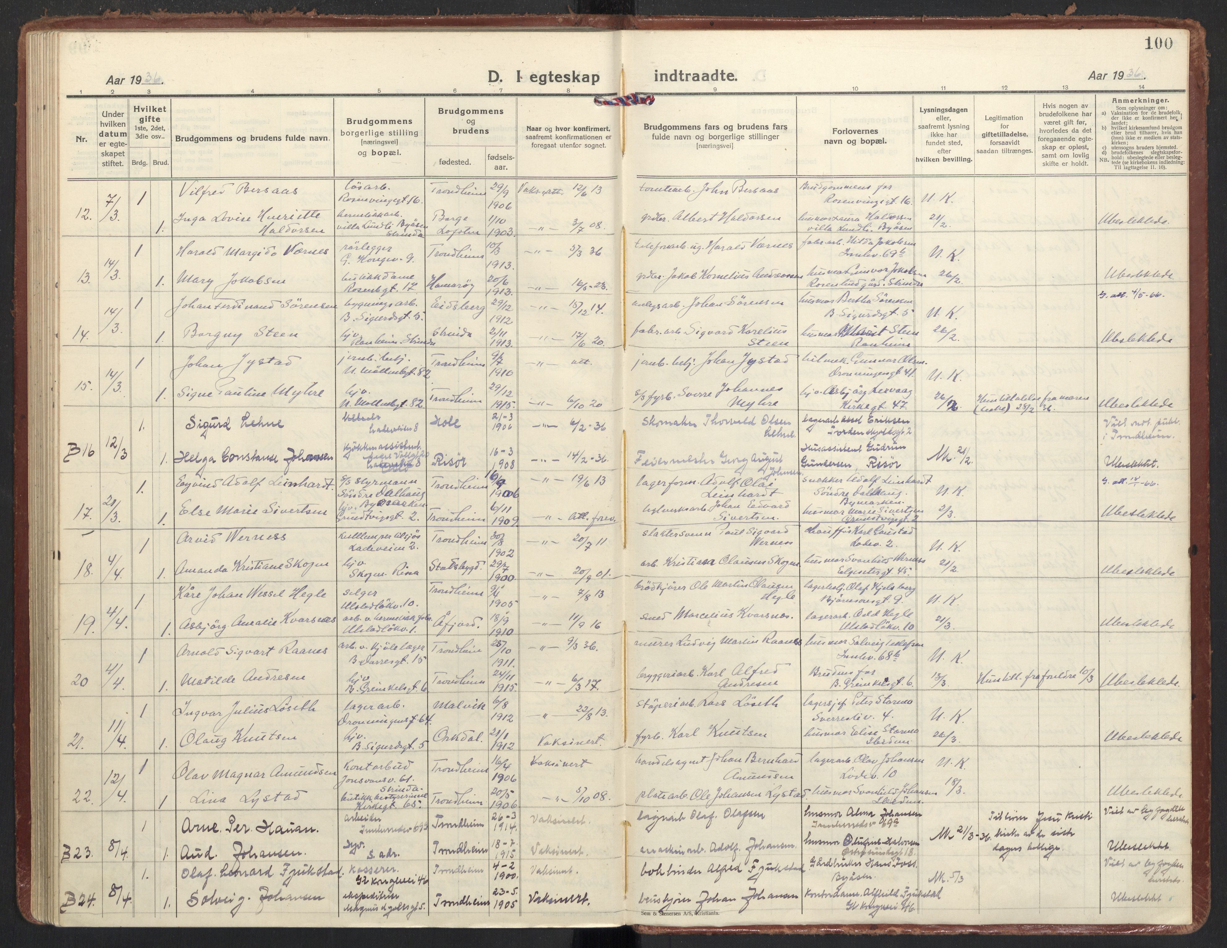 Ministerialprotokoller, klokkerbøker og fødselsregistre - Sør-Trøndelag, AV/SAT-A-1456/605/L0249: Parish register (official) no. 605A11, 1925-1936, p. 100