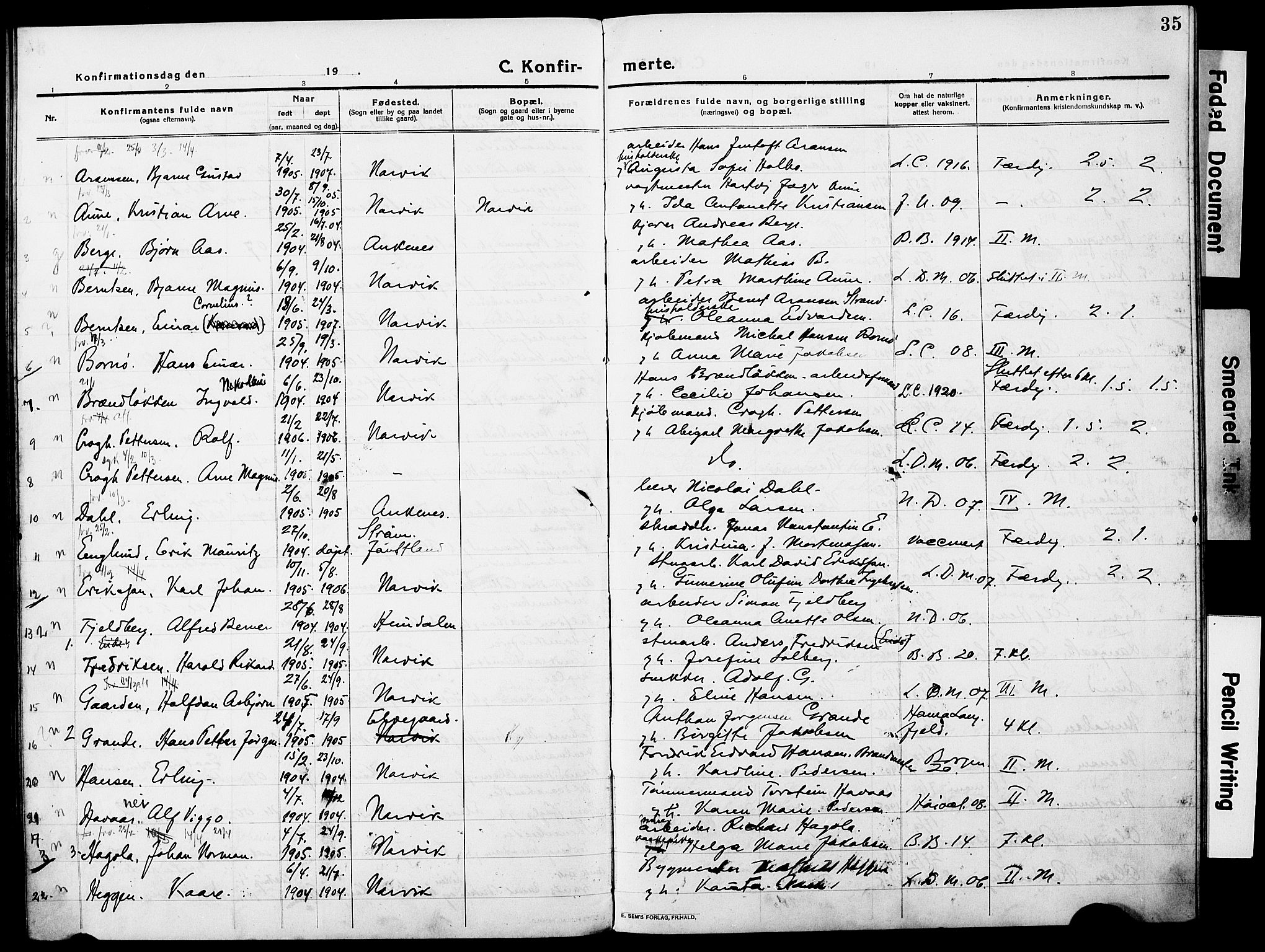 Ministerialprotokoller, klokkerbøker og fødselsregistre - Nordland, AV/SAT-A-1459/871/L0989: Parish register (official) no. 871A05, 1915-1922, p. 35