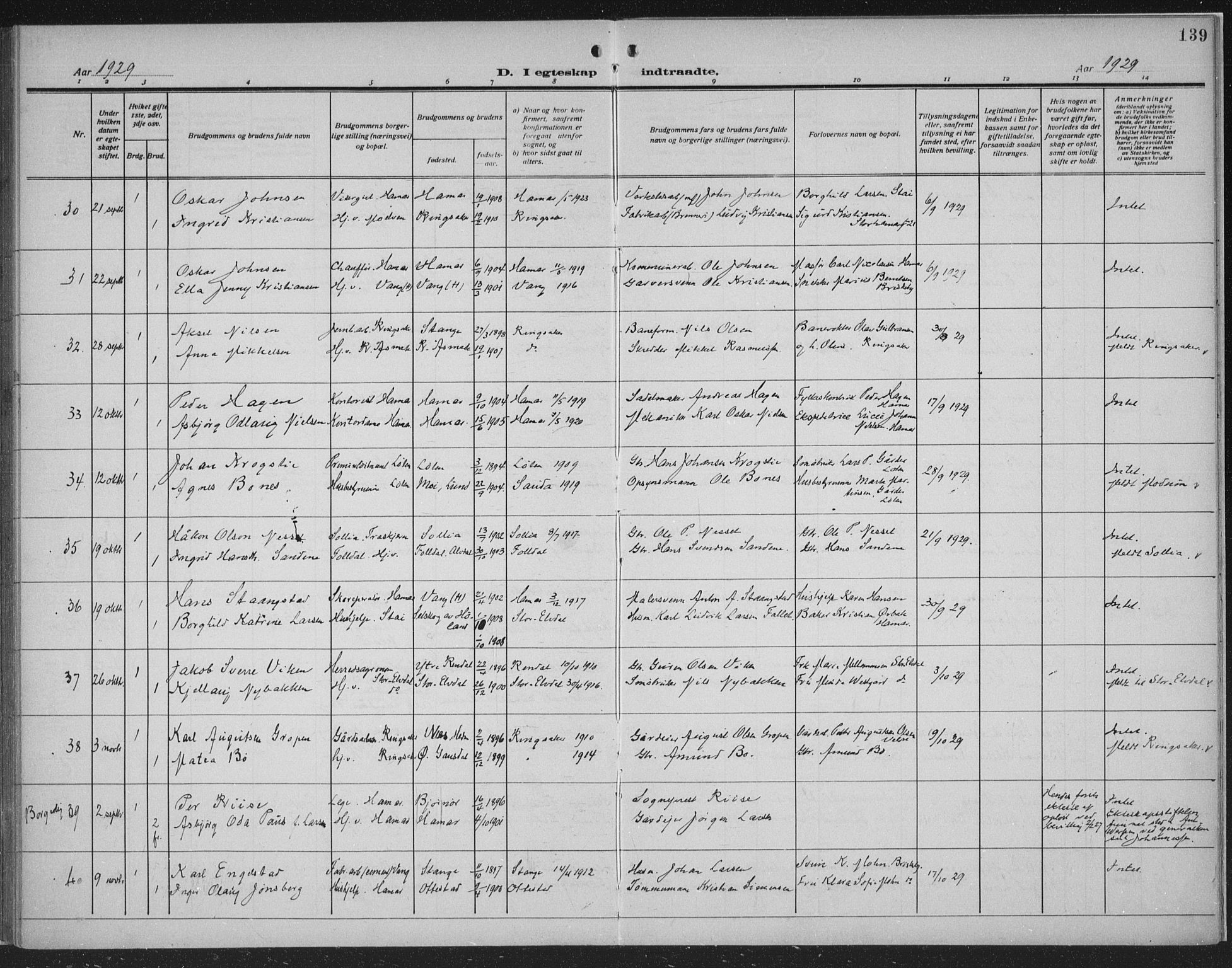 Hamar prestekontor, SAH/DOMPH-002/H/Ha/Haa/L0003: Parish register (official) no. 3, 1913-1930, p. 139