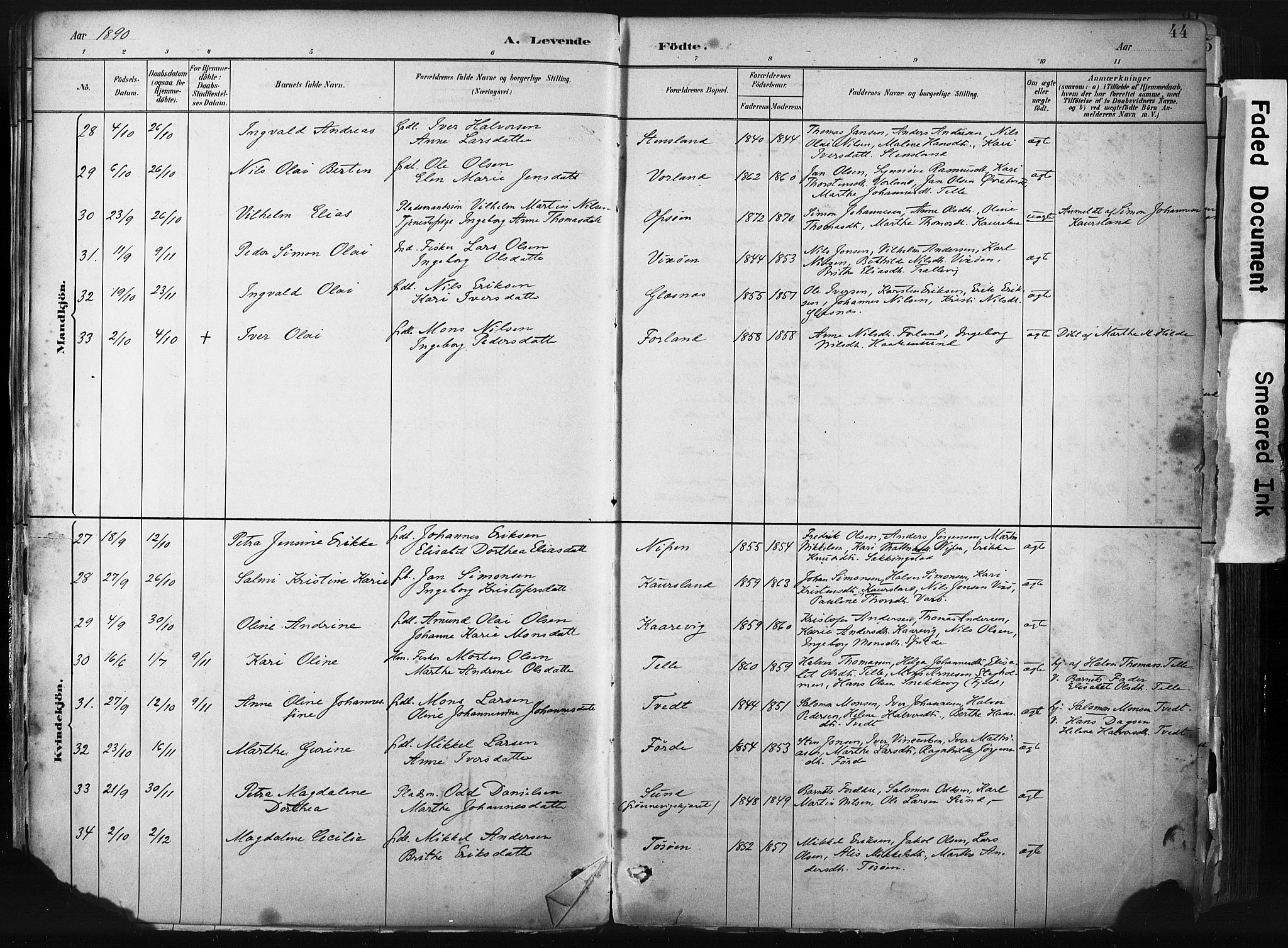 Sund sokneprestembete, AV/SAB-A-99930: Parish register (official) no. B 1, 1882-1907, p. 44