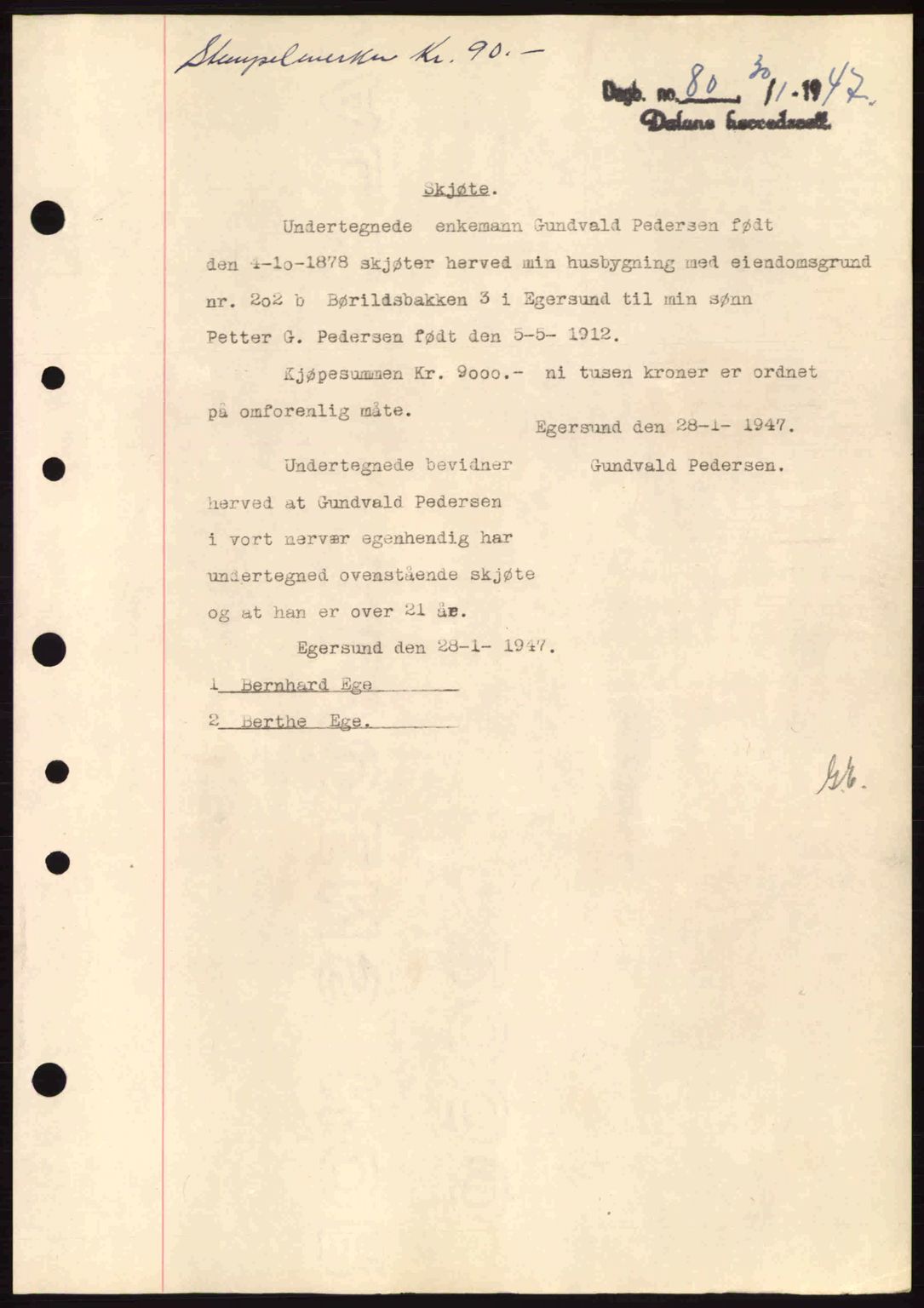 Dalane sorenskriveri, AV/SAST-A-100309/02/G/Gb/L0049: Mortgage book no. A9, 1946-1947, Diary no: : 80/1947