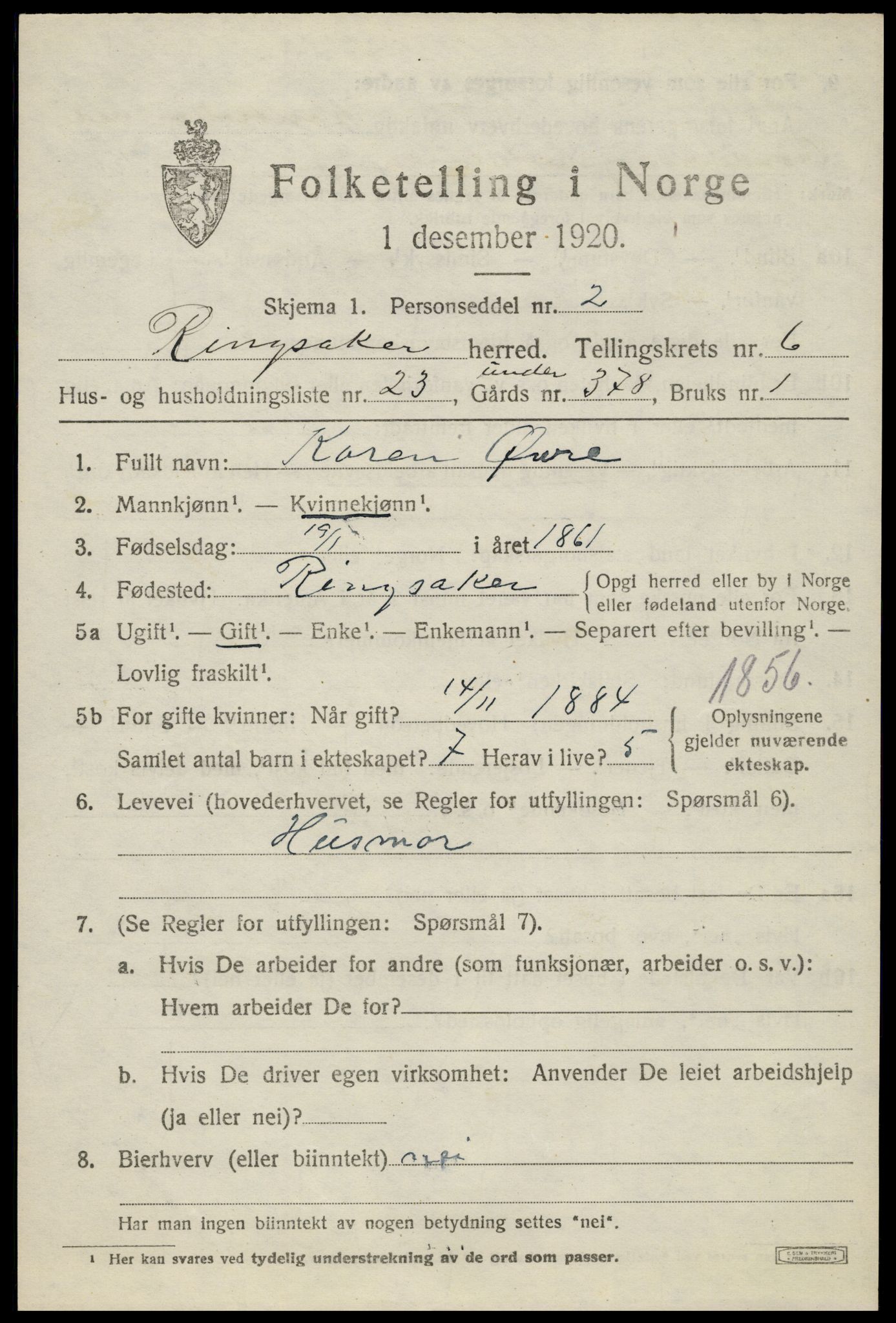 SAH, 1920 census for Ringsaker, 1920, p. 11524