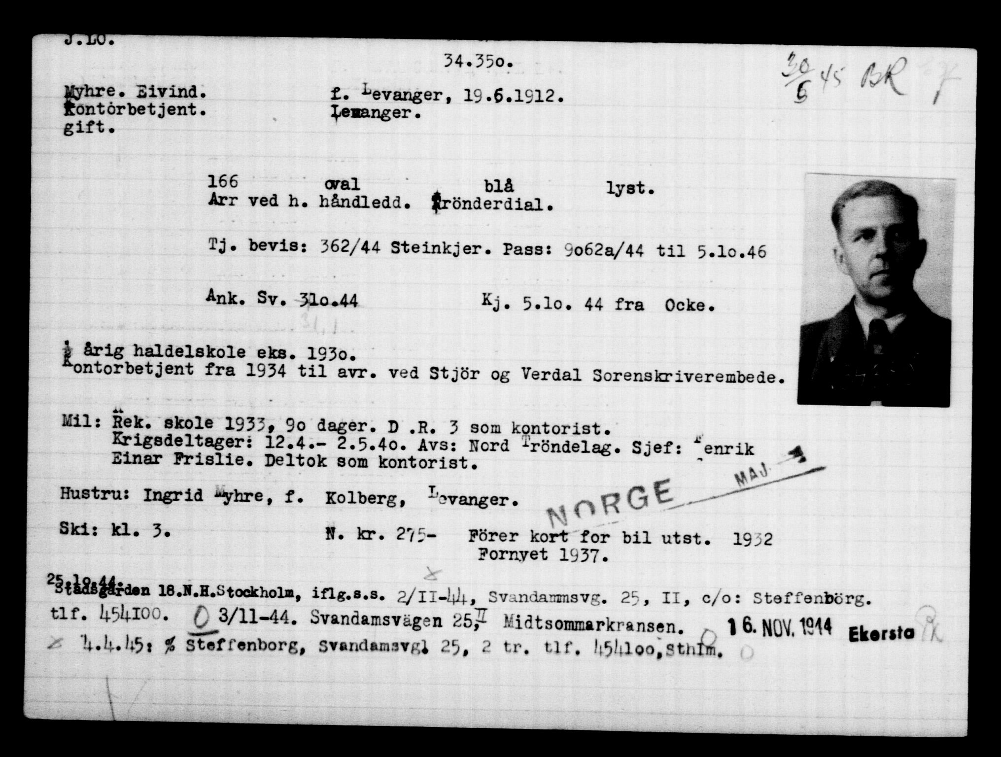 Utenriksstasjonene, Legasjonen i Stockholm, Flyktningkontoret, AV/RA-S-6753/V/Va/L0013: Kjesäterkartoteket, flyktninger med registreringsnr. 31500-34731, 1940-1945, p. 3003