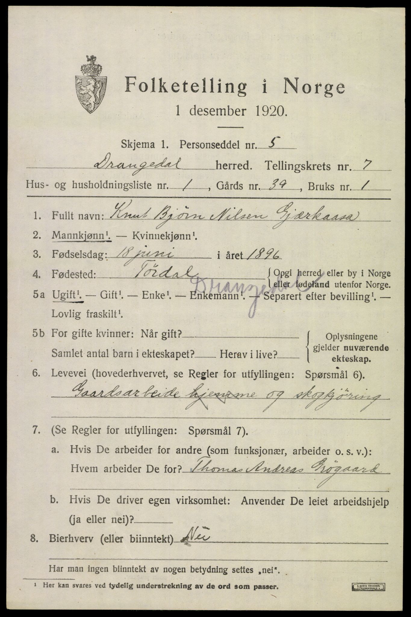 SAKO, 1920 census for Drangedal, 1920, p. 4479