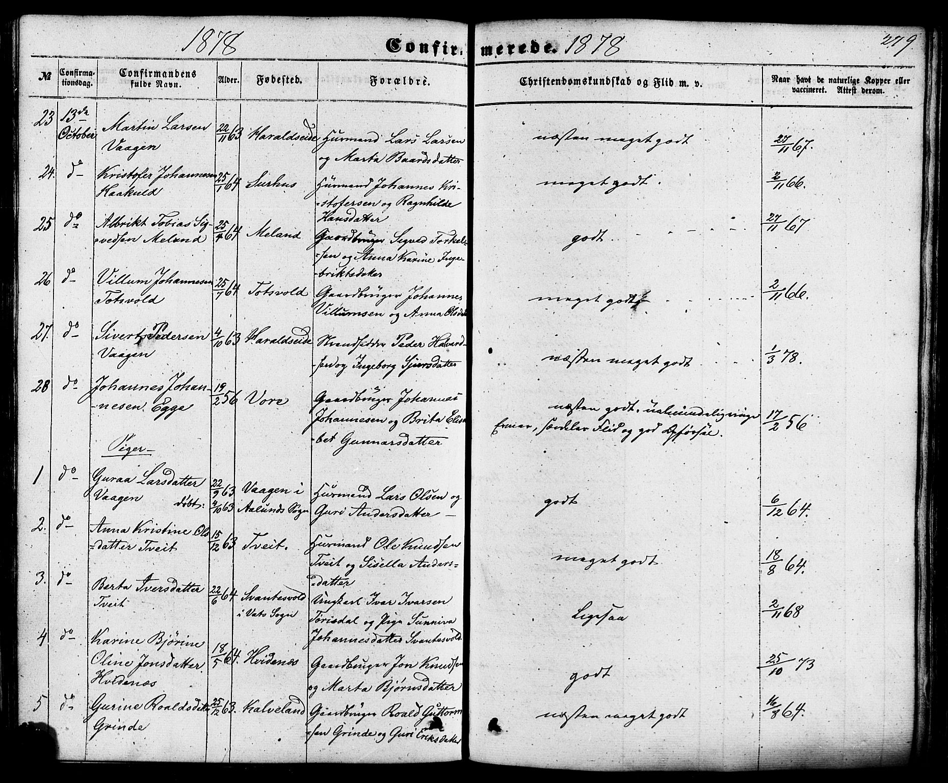 Skjold sokneprestkontor, AV/SAST-A-101847/H/Ha/Haa/L0008: Parish register (official) no. A 8, 1856-1882, p. 279