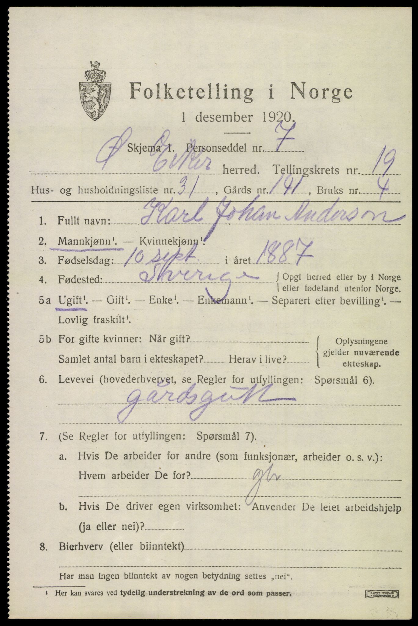 SAKO, 1920 census for Øvre Eiker, 1920, p. 22390