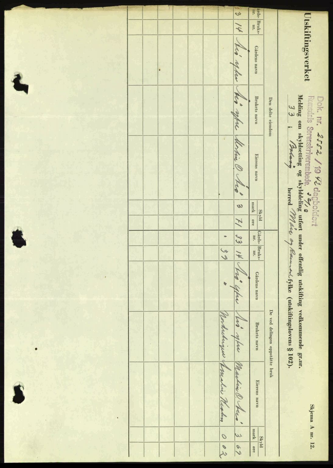 Romsdal sorenskriveri, AV/SAT-A-4149/1/2/2C: Mortgage book no. A13, 1942-1943, Diary no: : 2552/1942