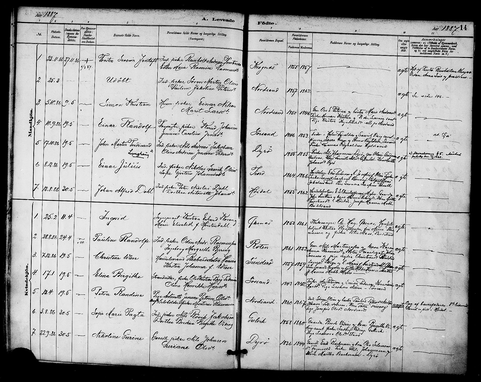 Ministerialprotokoller, klokkerbøker og fødselsregistre - Nordland, AV/SAT-A-1459/893/L1337: Parish register (official) no. 893A09, 1885-1893, p. 14