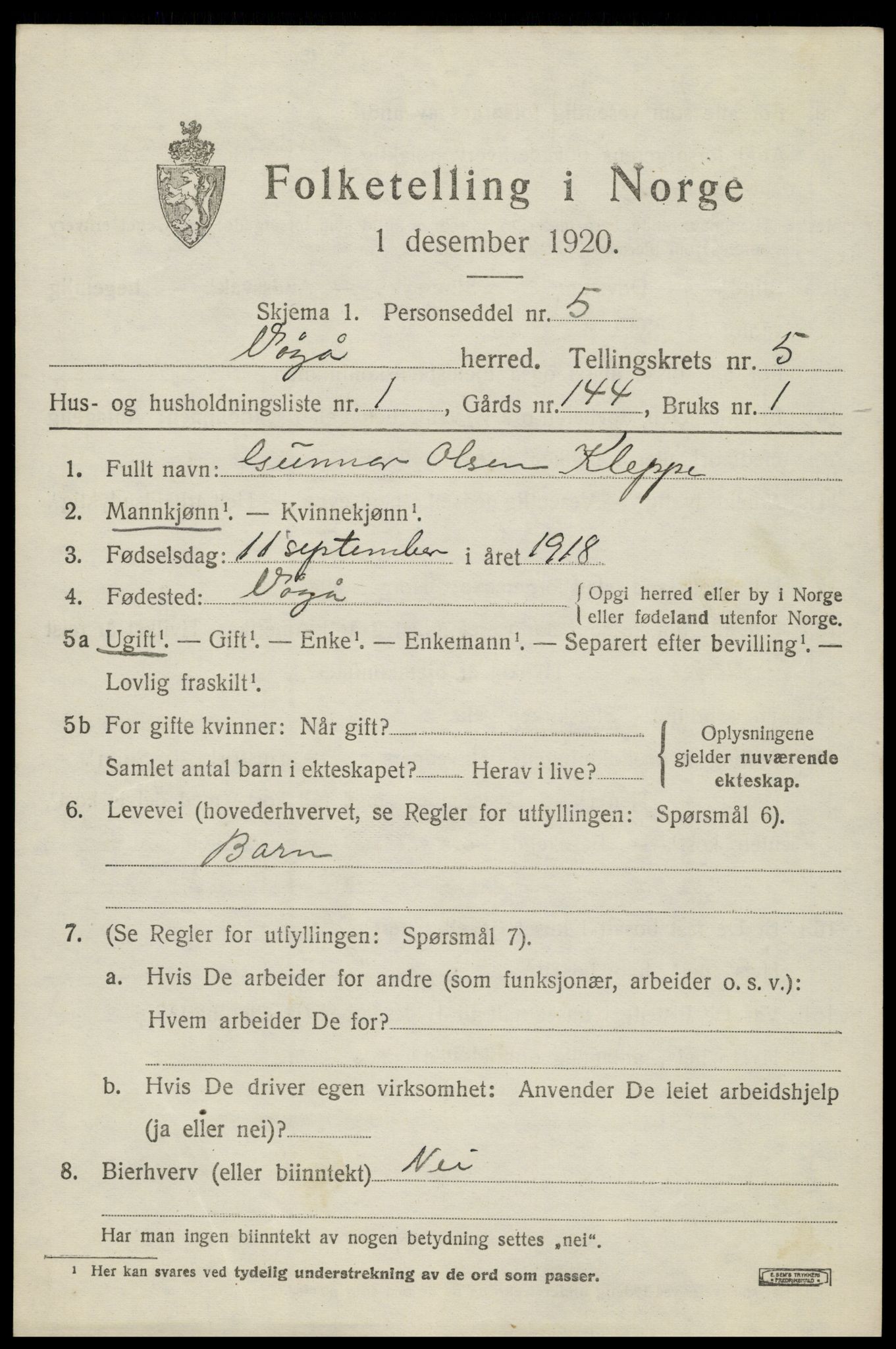 SAH, 1920 census for Vågå, 1920, p. 3940