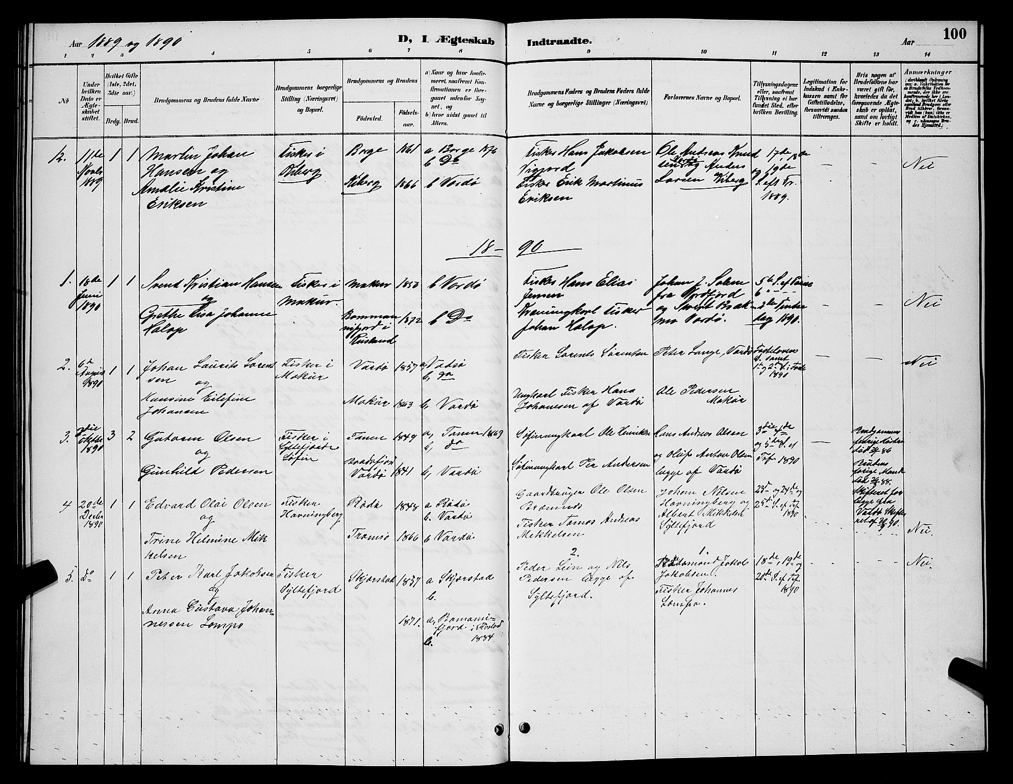 Vardø sokneprestkontor, SATØ/S-1332/H/Hb/L0007klokker: Parish register (copy) no. 7, 1887-1892, p. 100