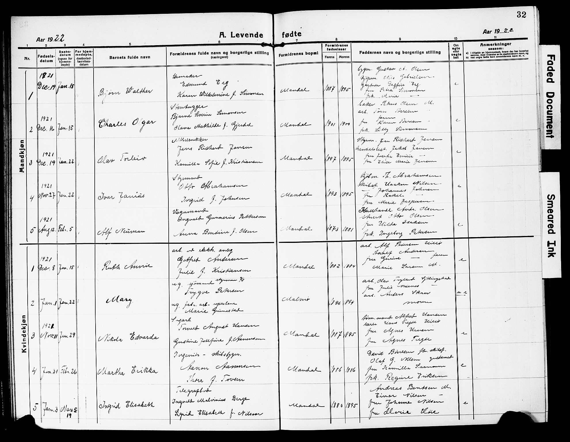 Mandal sokneprestkontor, SAK/1111-0030/F/Fb/Fbc/L0001: Parish register (copy) no. B 1, 1918-1931, p. 32