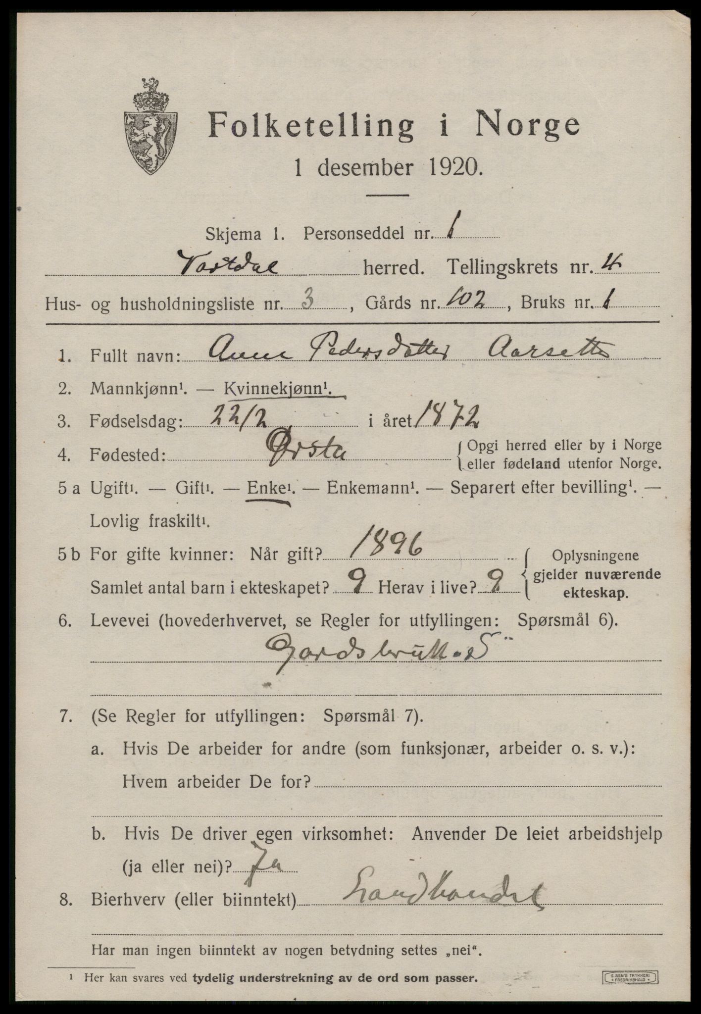 SAT, 1920 census for Vartdal, 1920, p. 1679