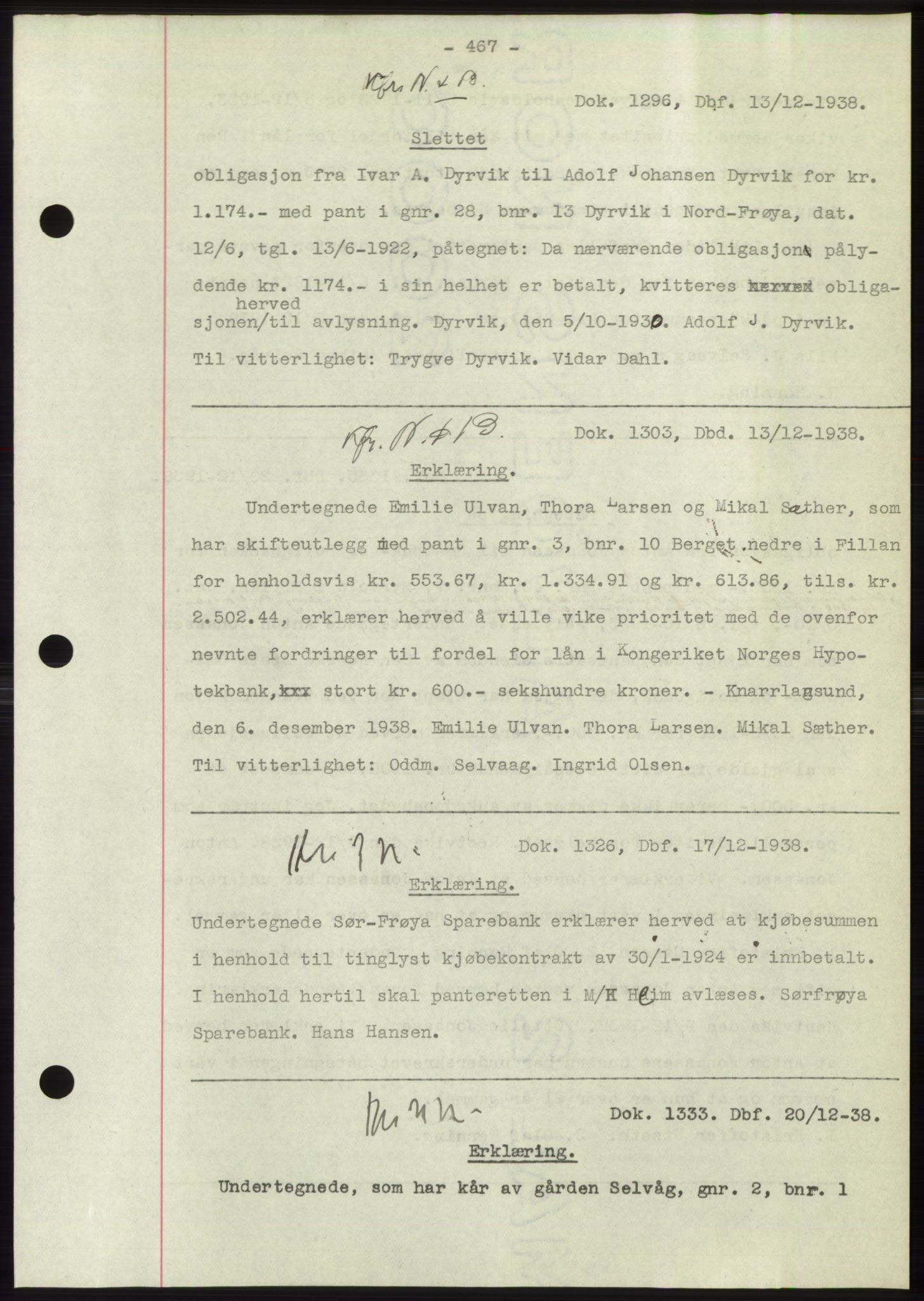 Hitra sorenskriveri, AV/SAT-A-0018/2/2C/2Ca: Mortgage book no. C1, 1936-1945, Diary no: : 1296/1938