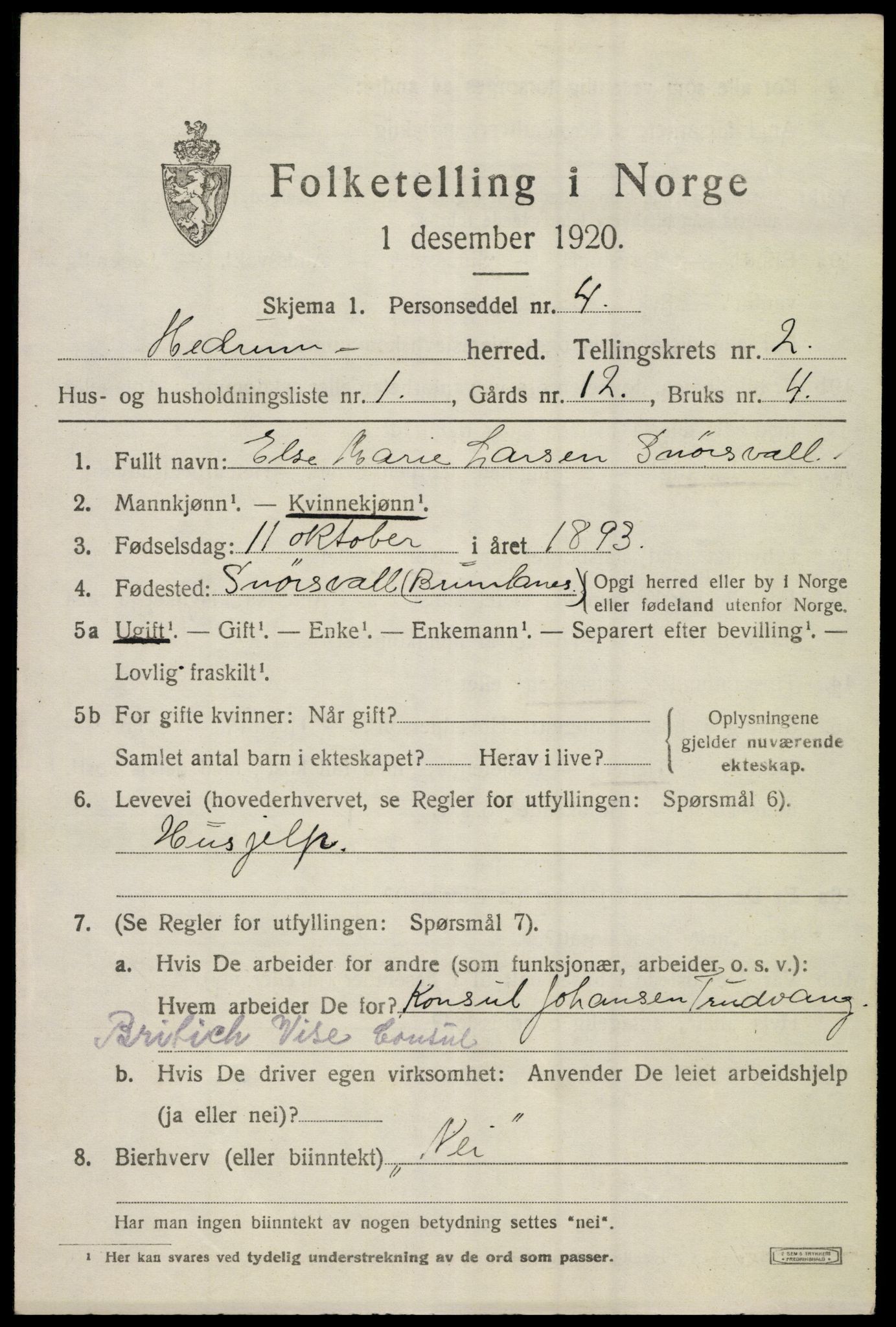 SAKO, 1920 census for Hedrum, 1920, p. 2407