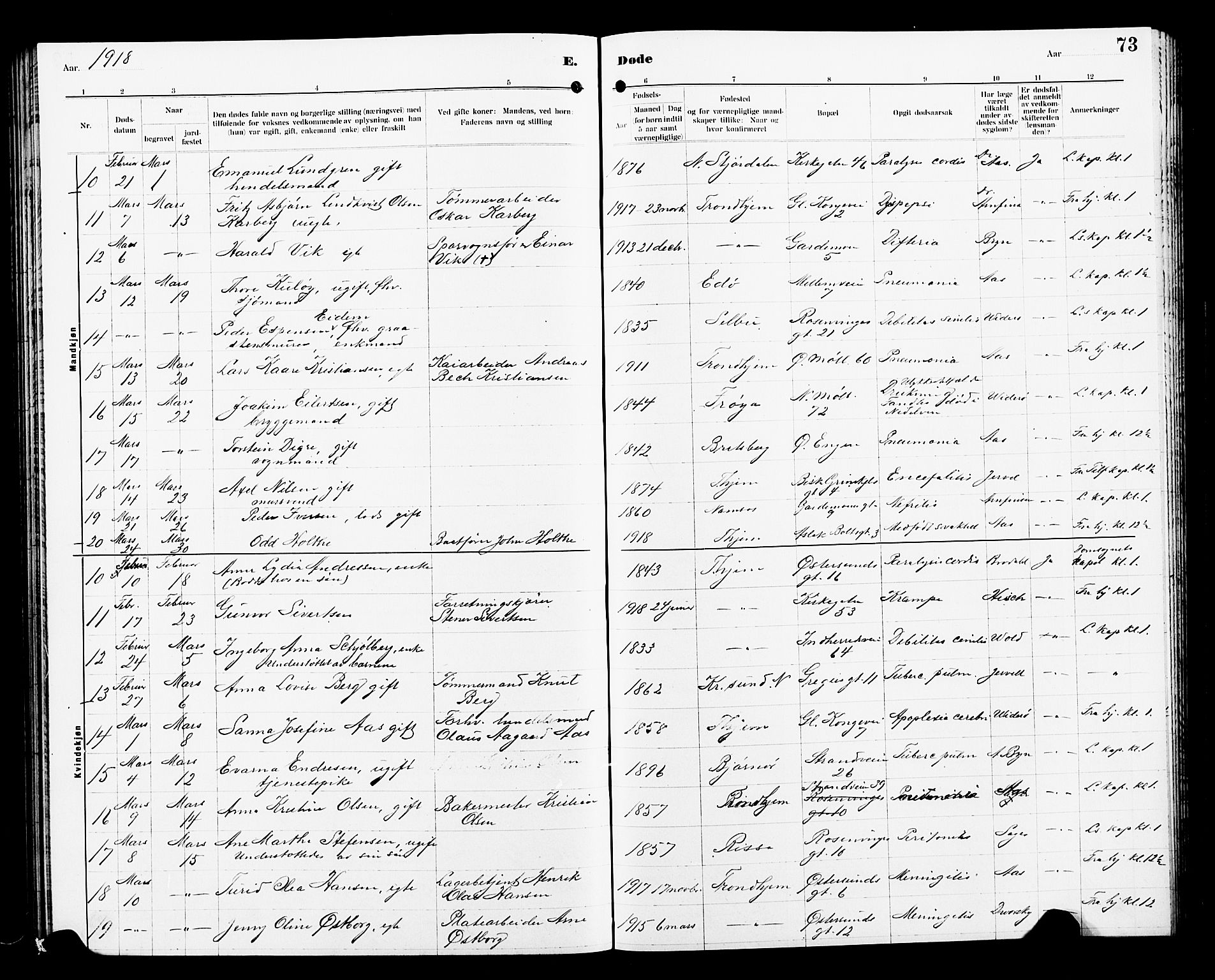 Ministerialprotokoller, klokkerbøker og fødselsregistre - Sør-Trøndelag, SAT/A-1456/605/L0257: Parish register (copy) no. 605C04, 1916-1922, p. 73