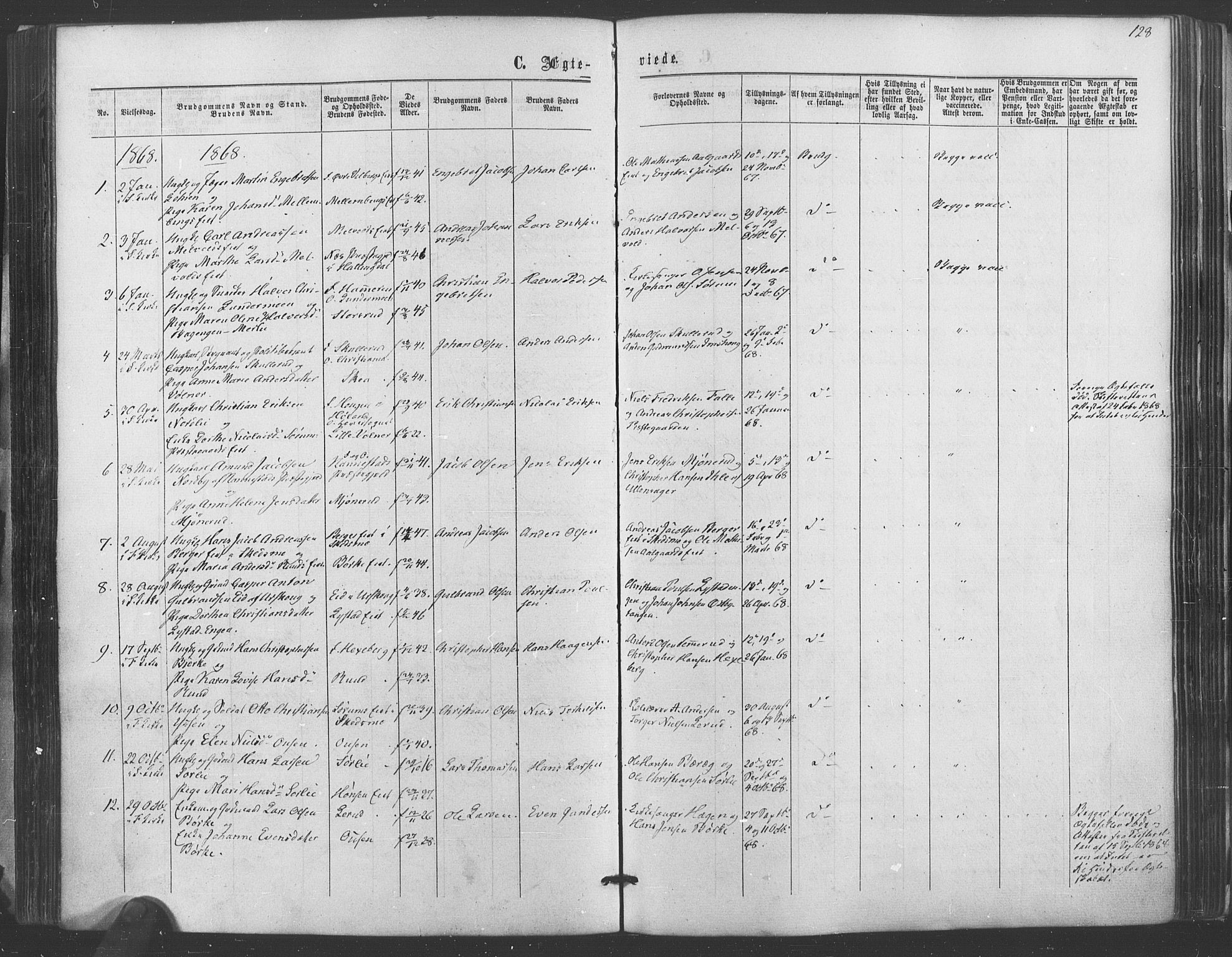 Sørum prestekontor Kirkebøker, SAO/A-10303/F/Fa/L0006: Parish register (official) no. I 6, 1864-1877, p. 128