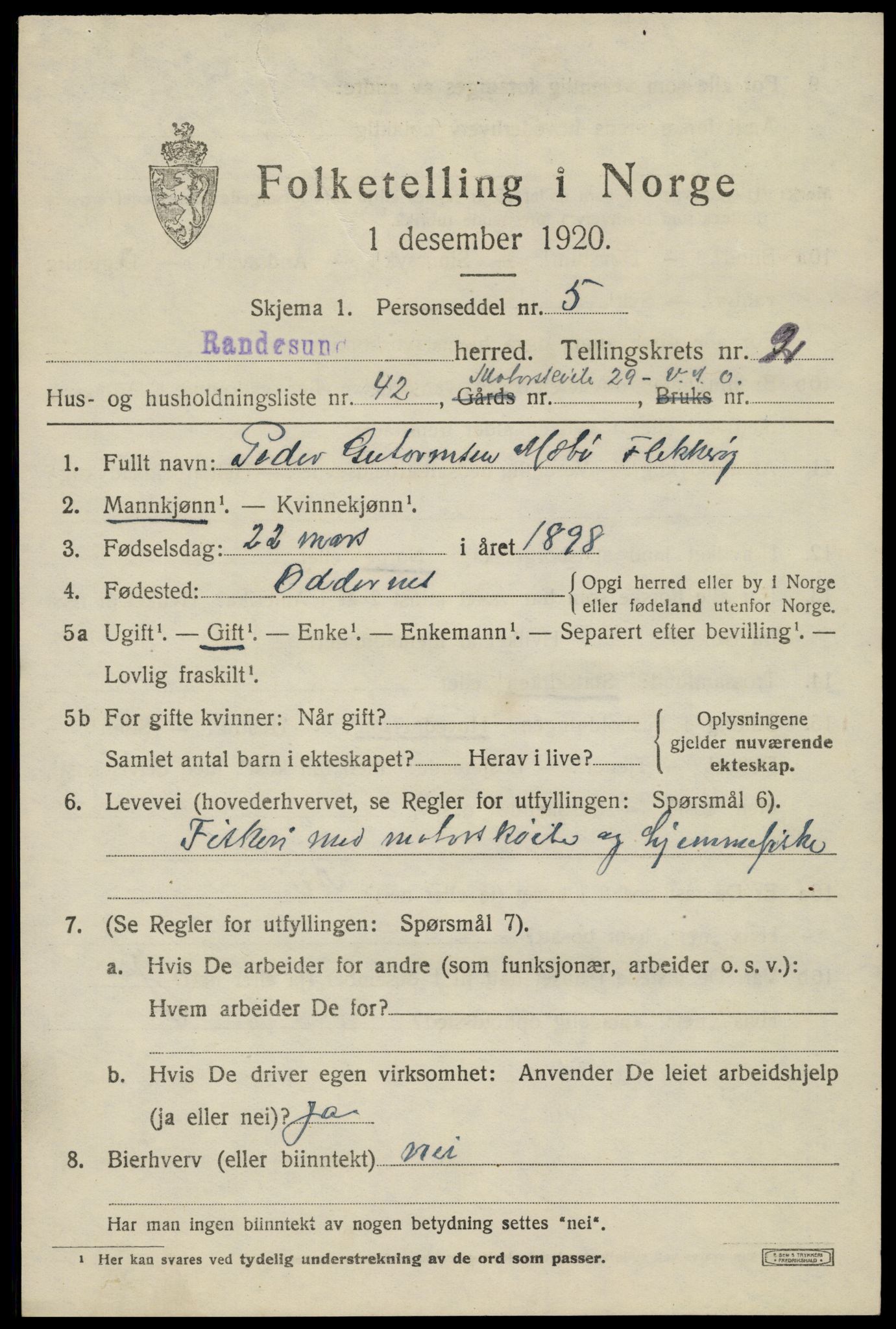 SAK, 1920 census for Randesund, 1920, p. 1442