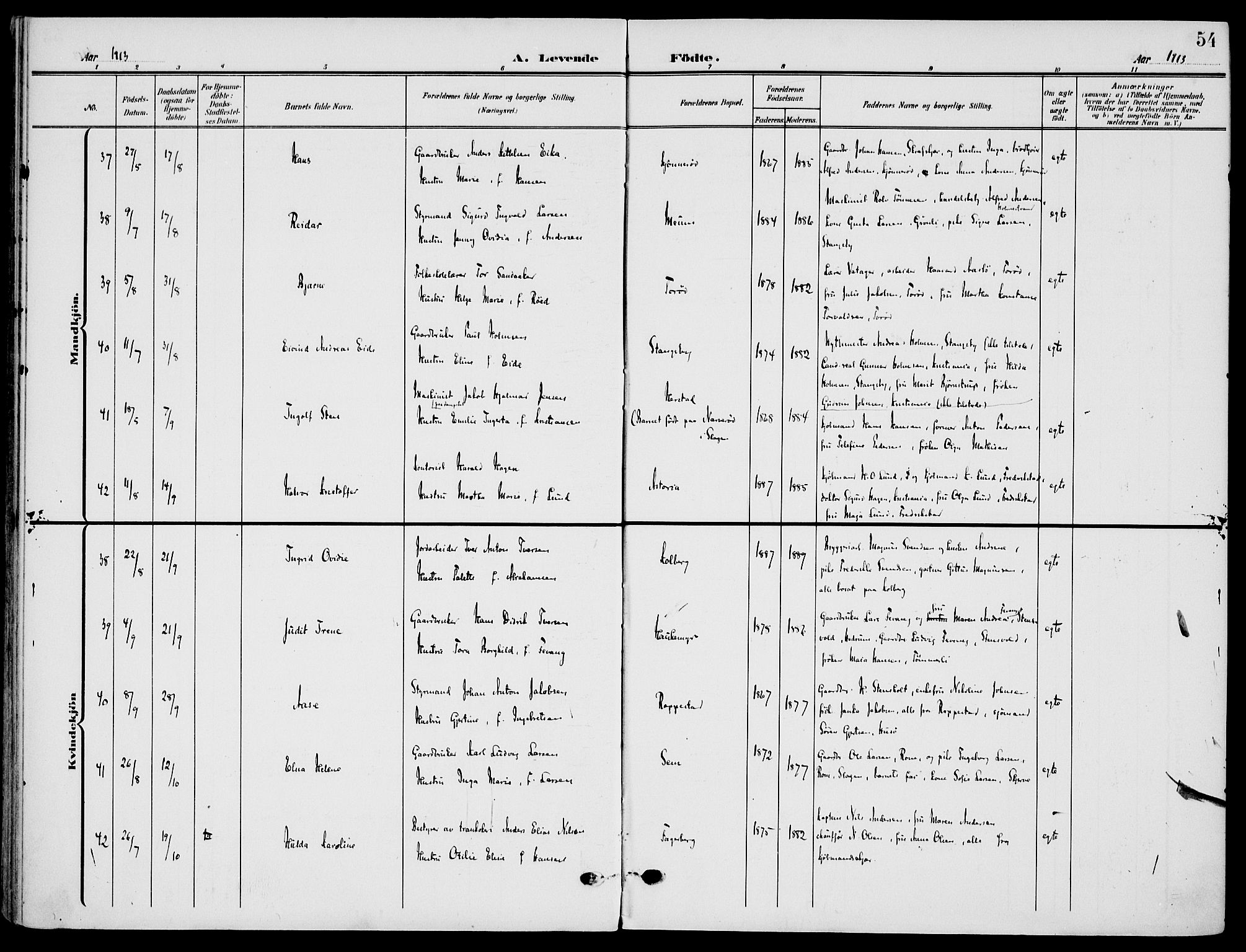 Nøtterøy kirkebøker, AV/SAKO-A-354/F/Fa/L0010: Parish register (official) no. I 10, 1908-1919, p. 54