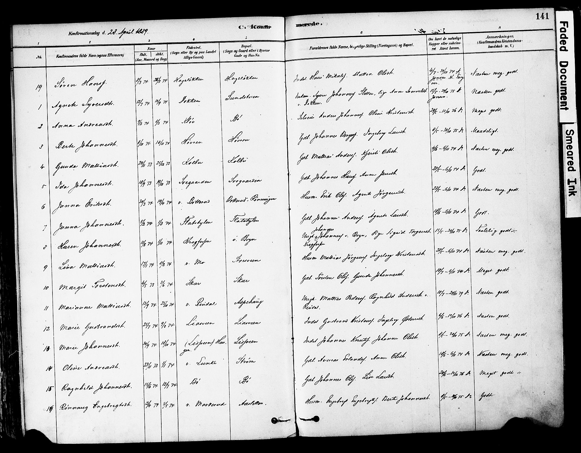 Øyer prestekontor, SAH/PREST-084/H/Ha/Haa/L0008: Parish register (official) no. 8, 1878-1897, p. 141