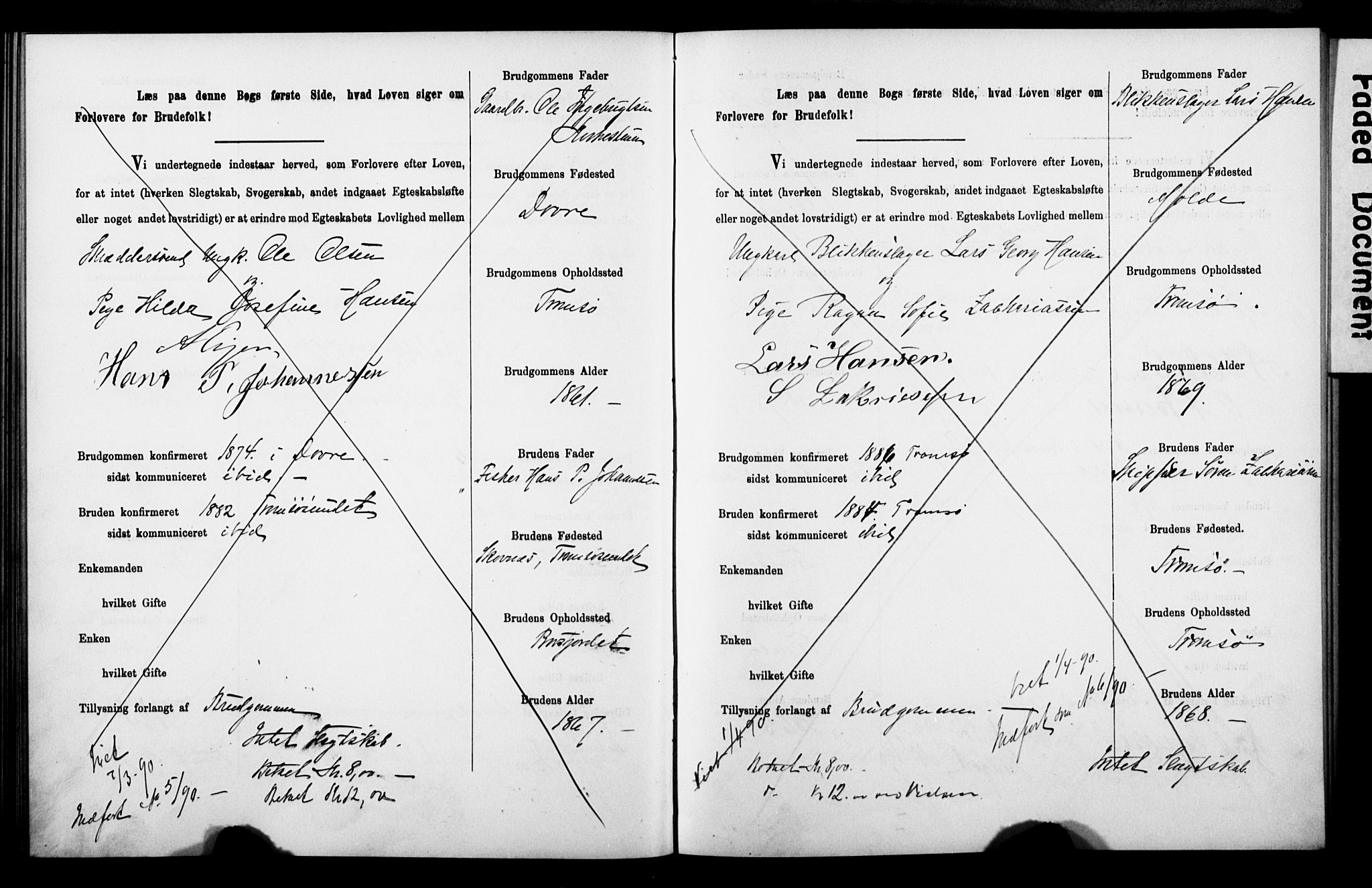 Tromsø sokneprestkontor/stiftsprosti/domprosti, AV/SATØ-S-1343/H/Hc/L0099/0001: Banns register no. 99.1, 1886-1892