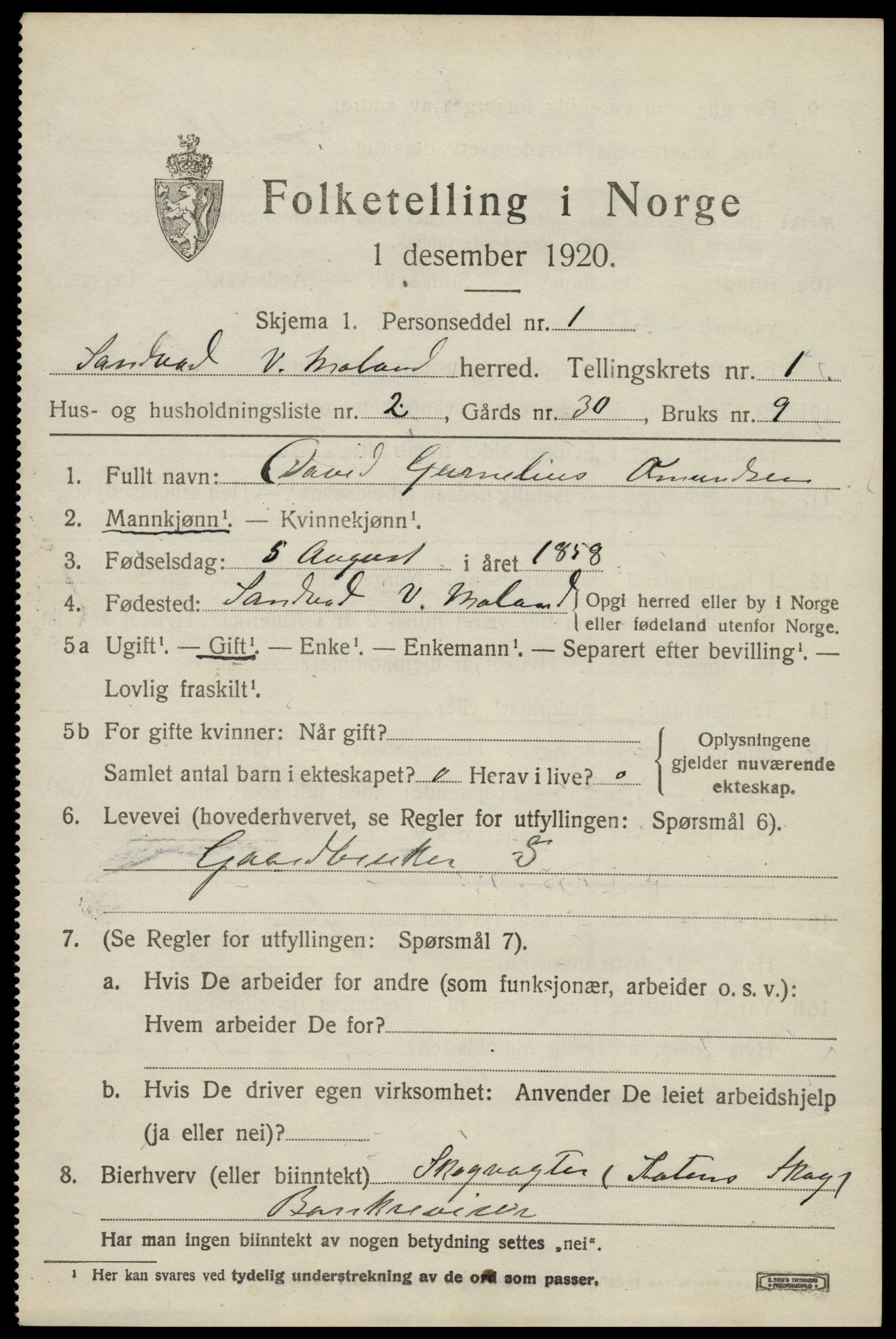 SAK, 1920 census for Vestre Moland, 1920, p. 1053