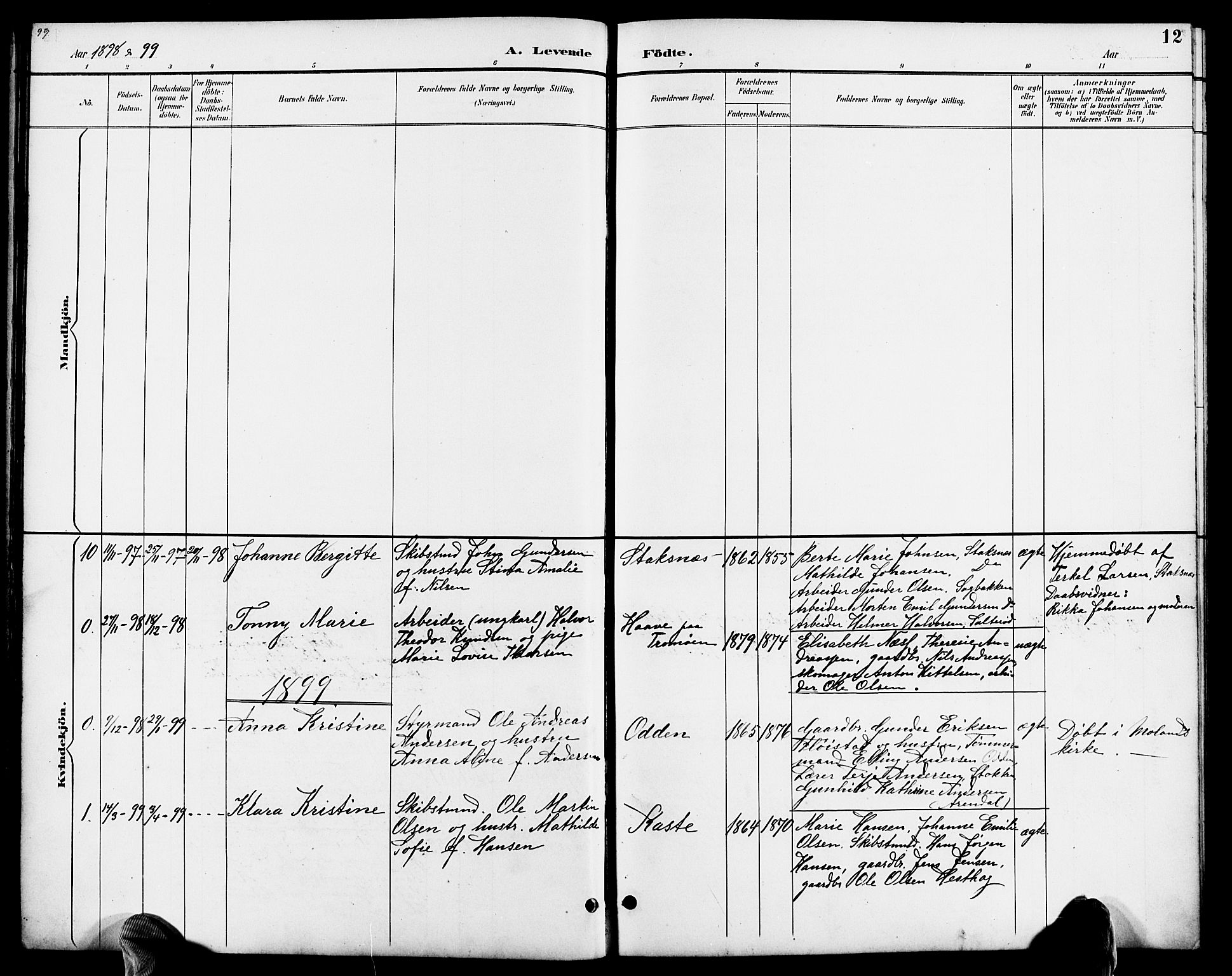 Austre Moland sokneprestkontor, SAK/1111-0001/F/Fb/Fbb/L0002: Parish register (copy) no. B 2, 1894-1918, p. 12