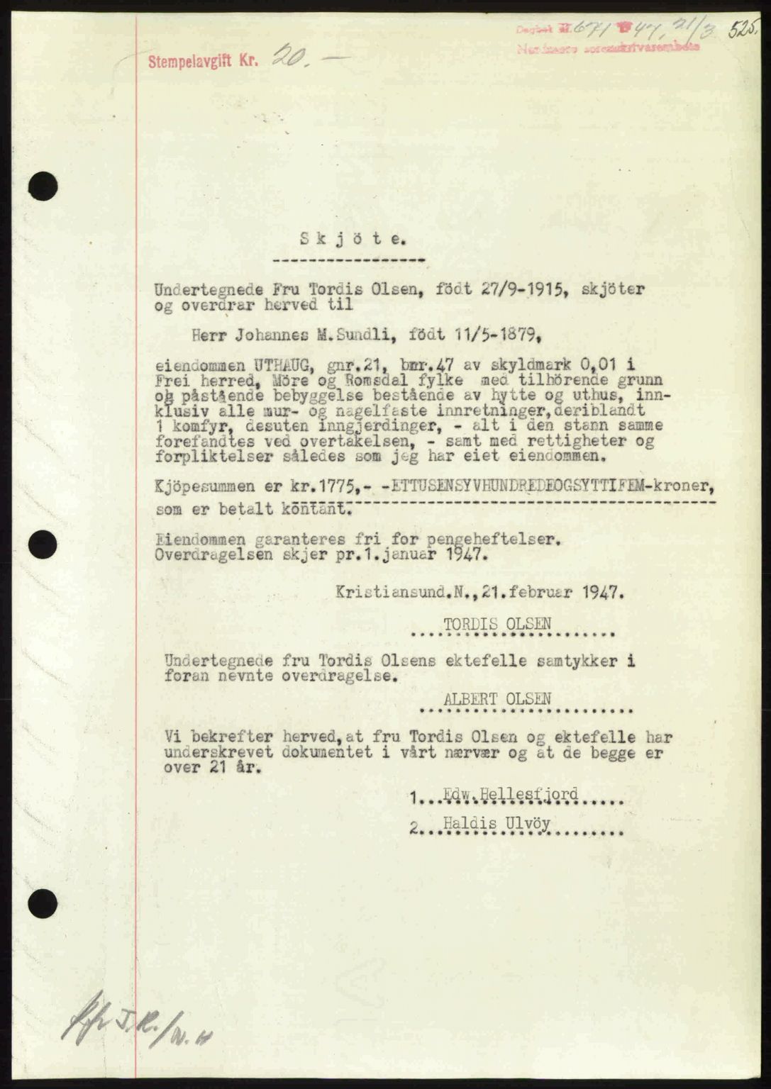 Nordmøre sorenskriveri, AV/SAT-A-4132/1/2/2Ca: Mortgage book no. A104, 1947-1947, Diary no: : 671/1947